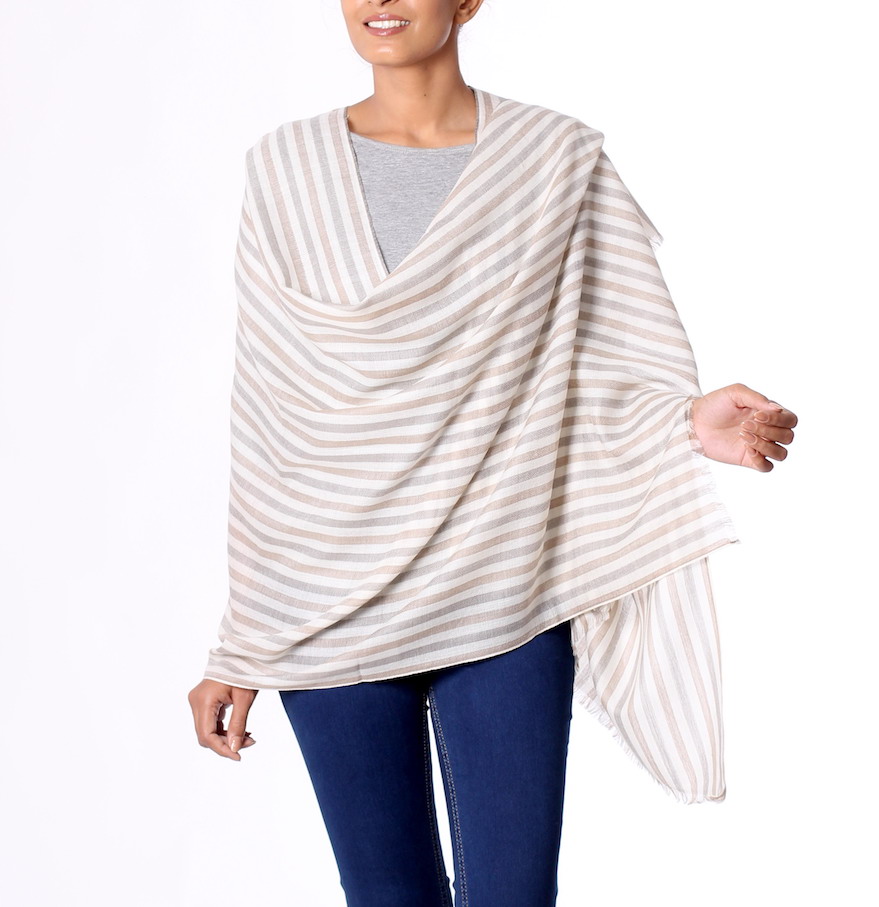 Subtle Warmth Taupe and Ivory Striped Wool Shawl from India How to fly in style and comfort