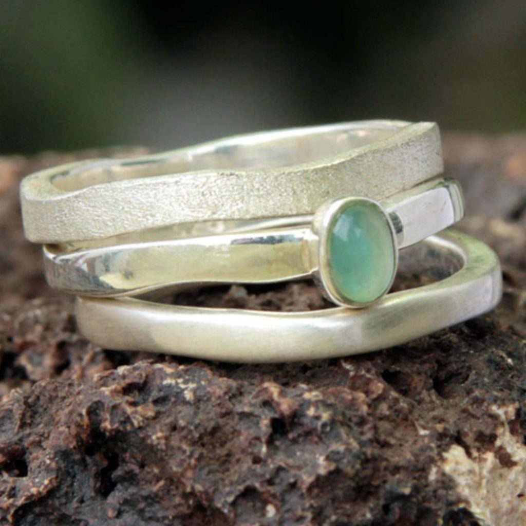 Trio Opal and sterling silver Rings Modern design Set of three 3 October's birthstone: the opal