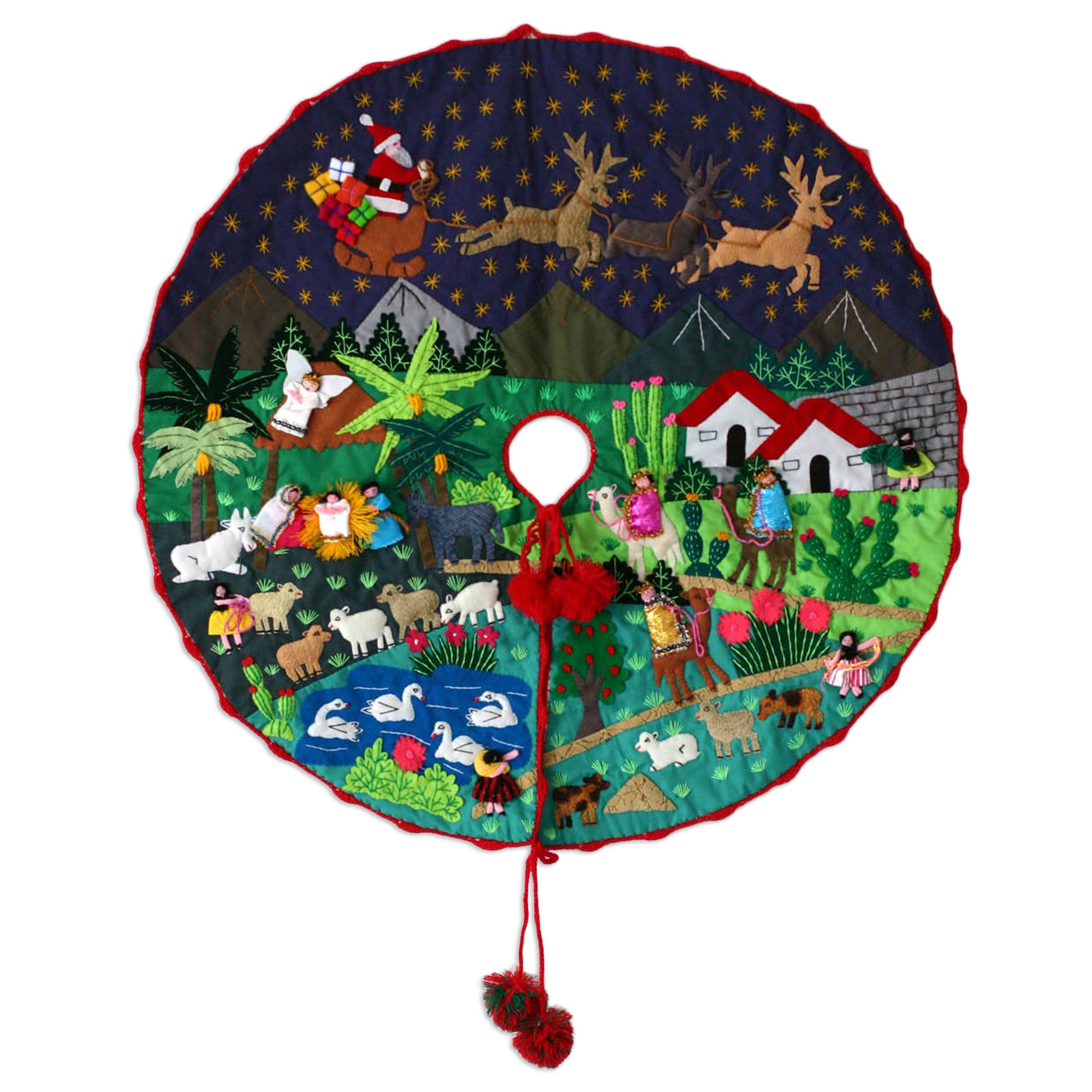 Nativity Scene Peruvian Folk Art Cotton Christmas Scene Tree Skirt Unique Holiday Decor Treasures