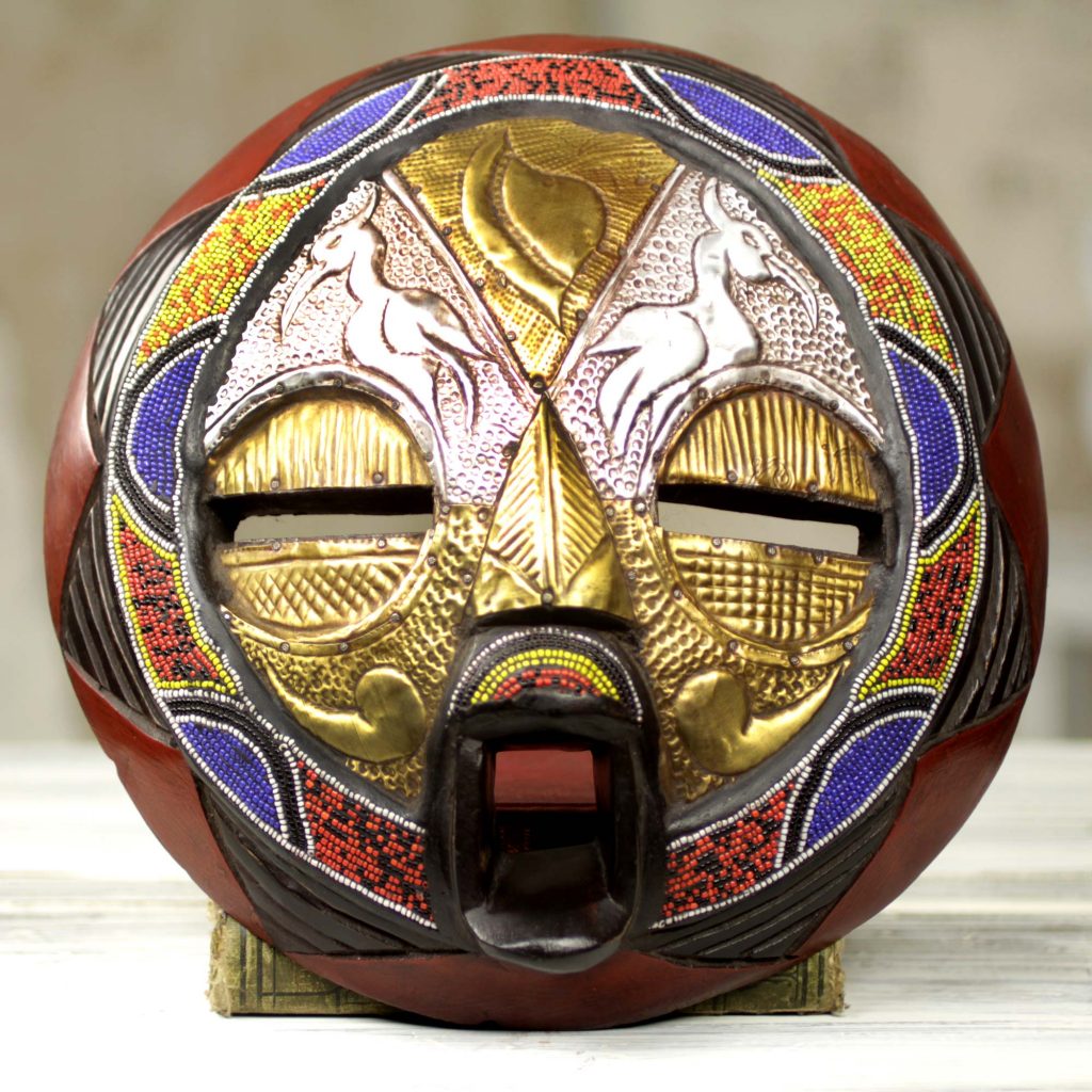 Promise of Prosperity Bead and Brass Repousse African Wall Mask with Animal Motifs Wall Art African Masks