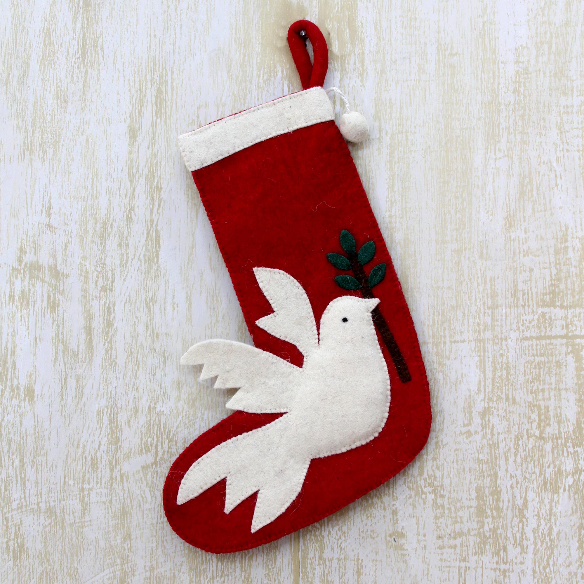 Peaceful Dove Artisan hand crafted Peace Themed Red Holiday Stocking with Dove Motif Unique Holiday decor treasures