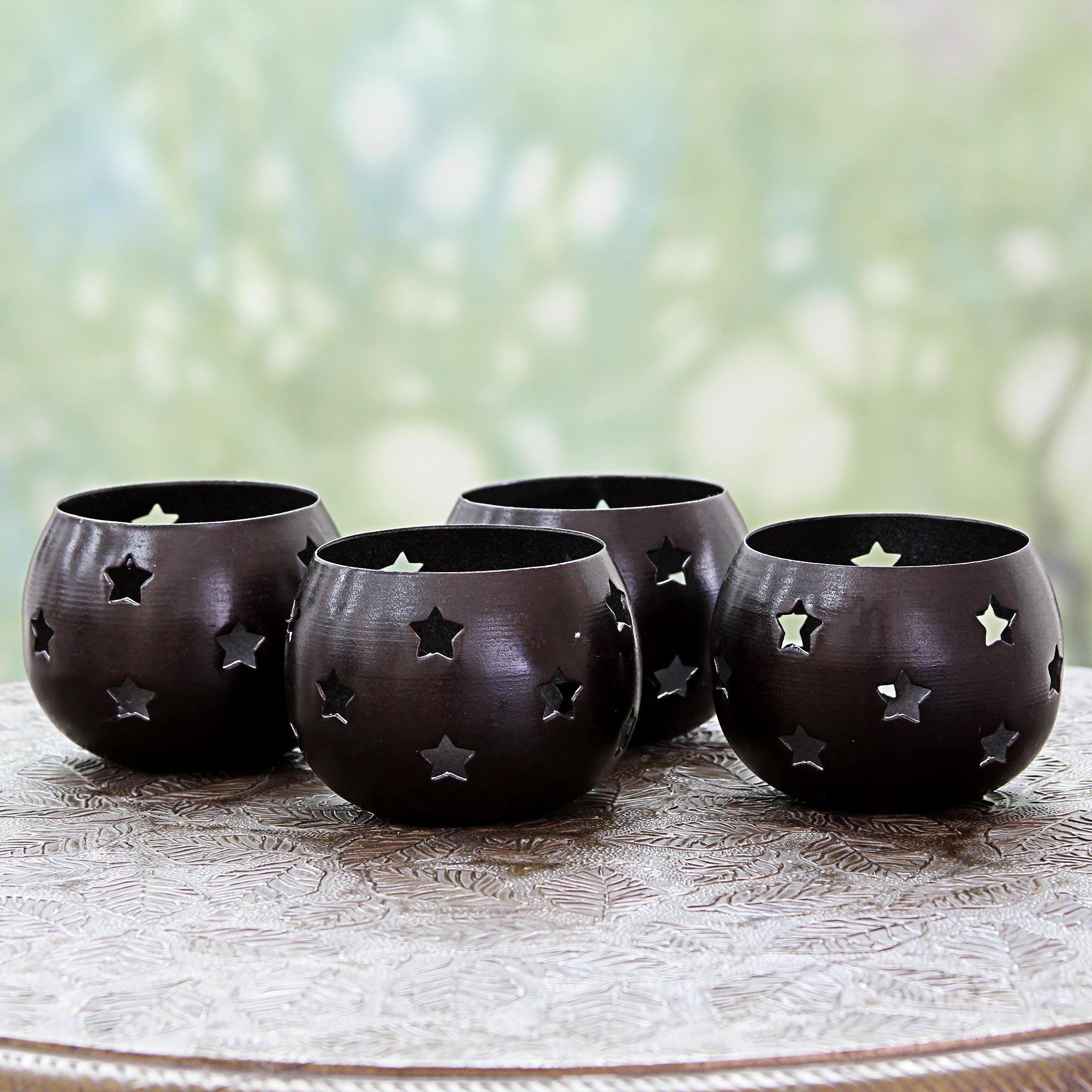 Chocolate Stars artisan hand crafted Star Motif Brown Steel Tealight Candleholders (Set of 4) unique holiday decor treasures