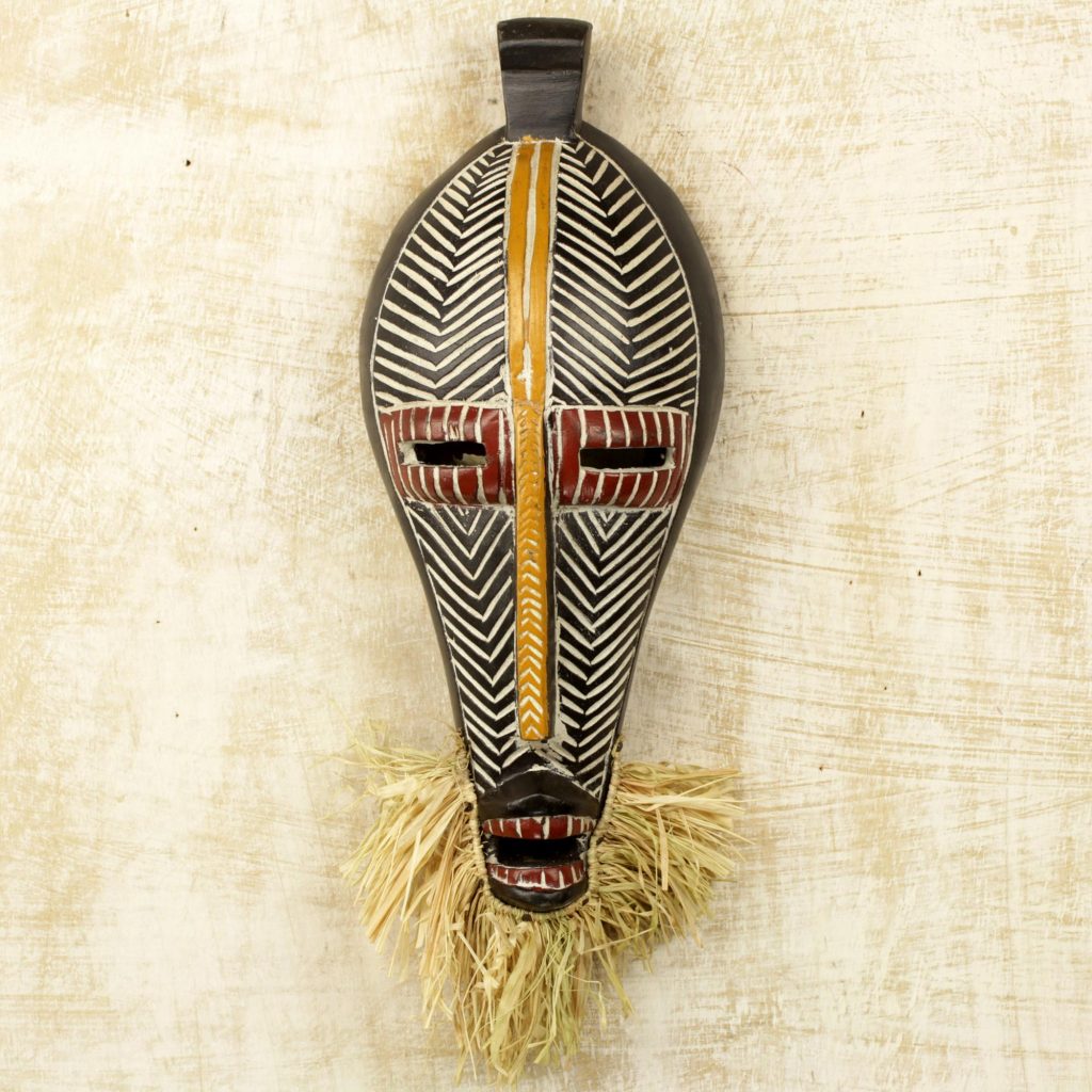 Monifa Hand Carved Ghanaian Sese Wood Wall Mask with Raffia Wall Art Beautiful African Mask