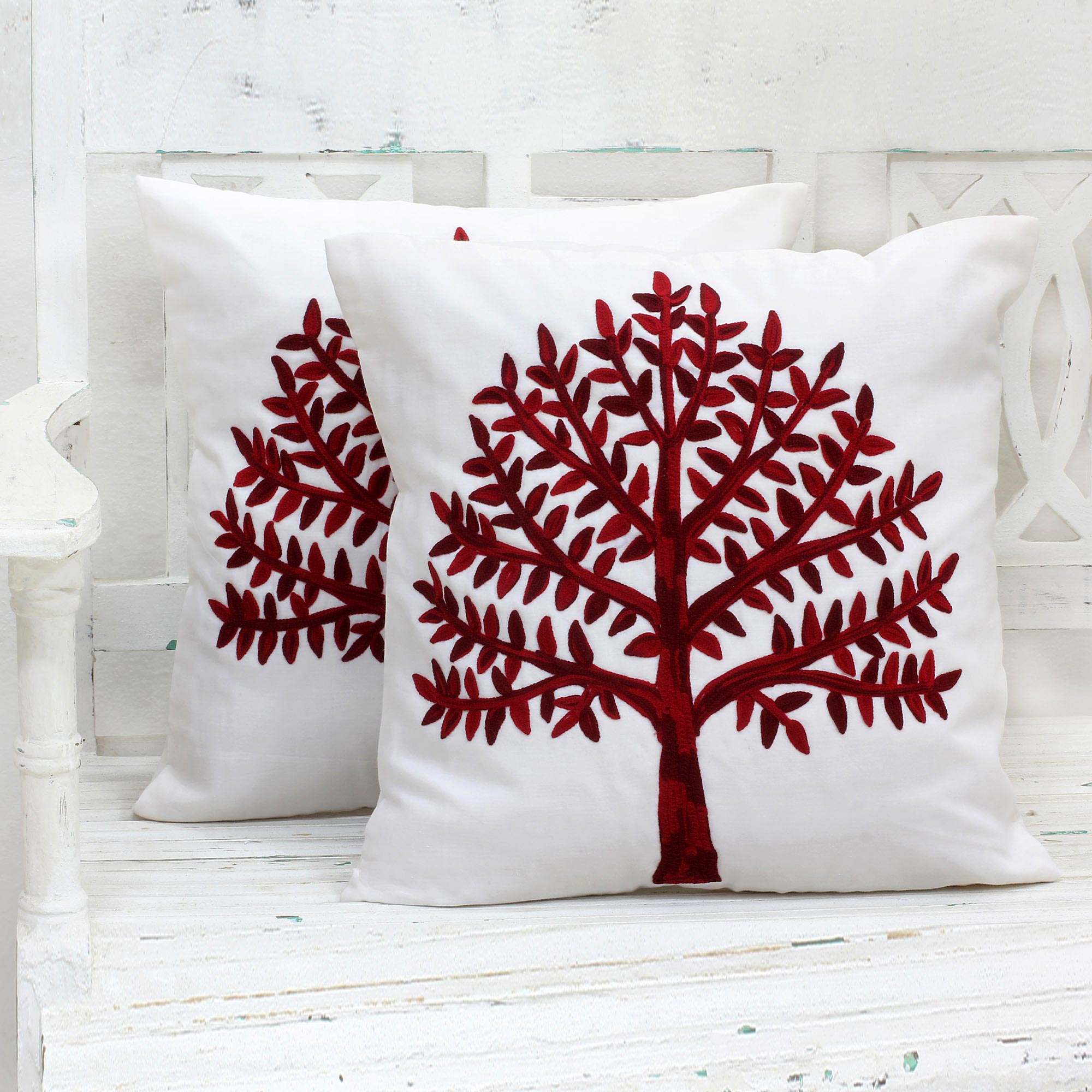 Chinar Tree artisan hand crafted Embroidered Cotton Cushion Covers Red Tree (Pair) India unique holiday decor treasures