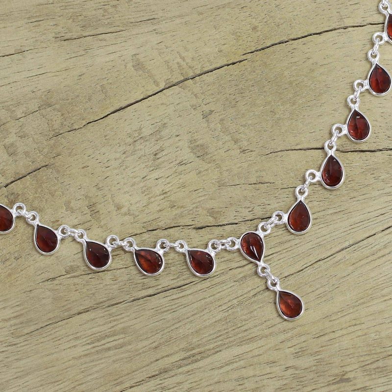 Scarlet Droplets Artisan Crafted Sterling Silver Waterfall Garnet Necklace Glimmering Garnet: January's Birthstone