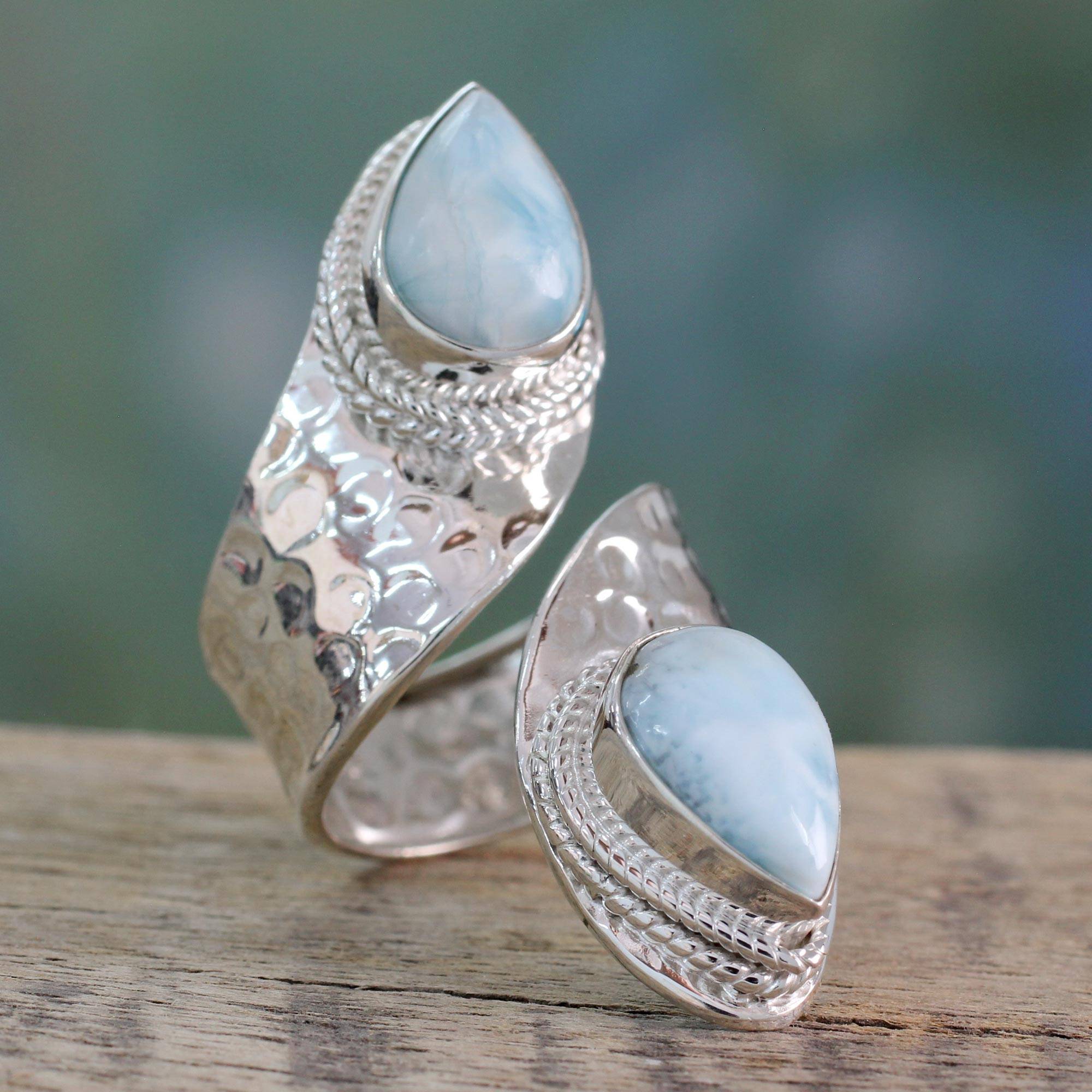 "Dreamy Duo" Wrap Style Ring in Sterling Silver and Larimar Gems Valentine's day Gifts for Mom