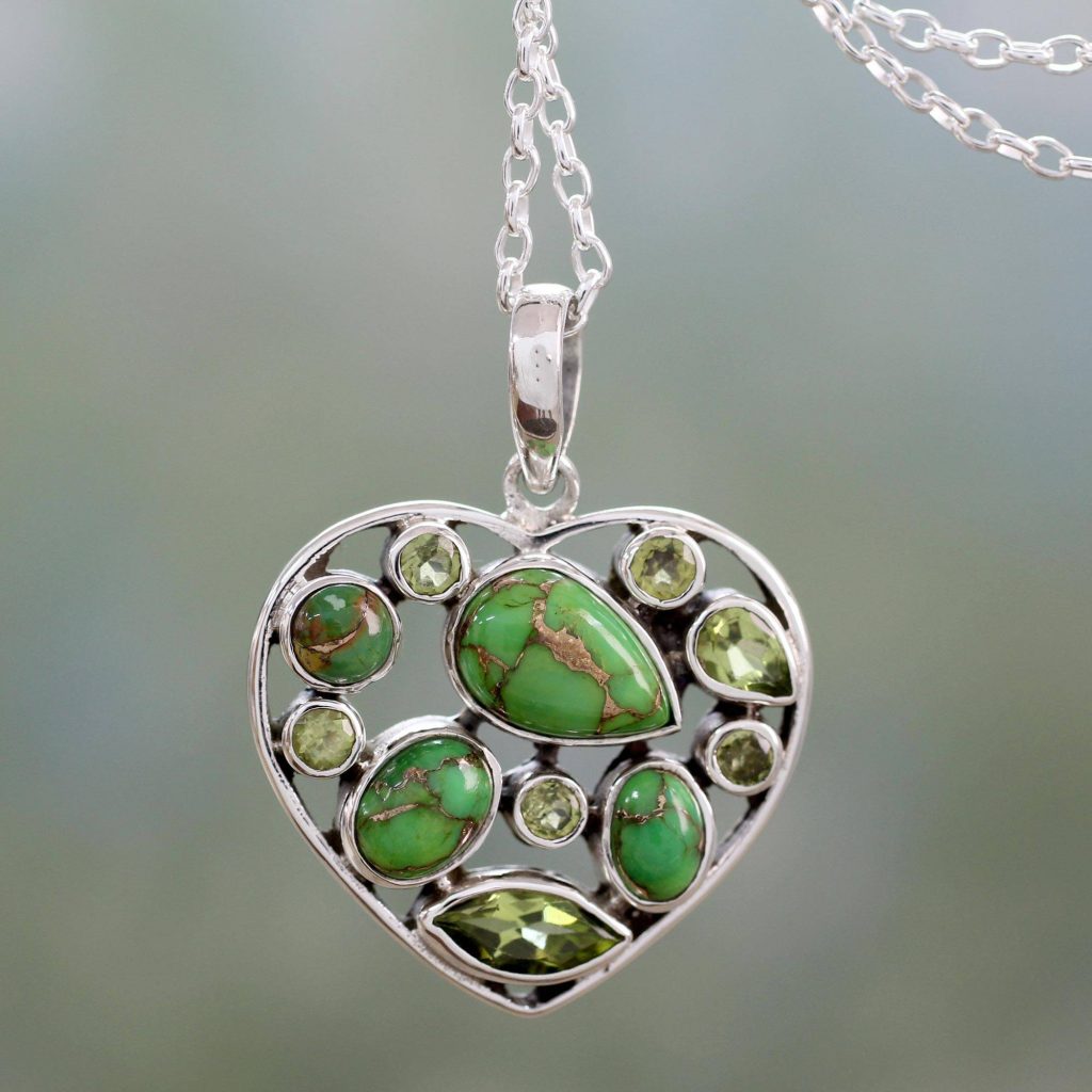 Green Jaipuri Heart Handmade Peridot and Sterling Silver Green Heart Necklace be my valentine