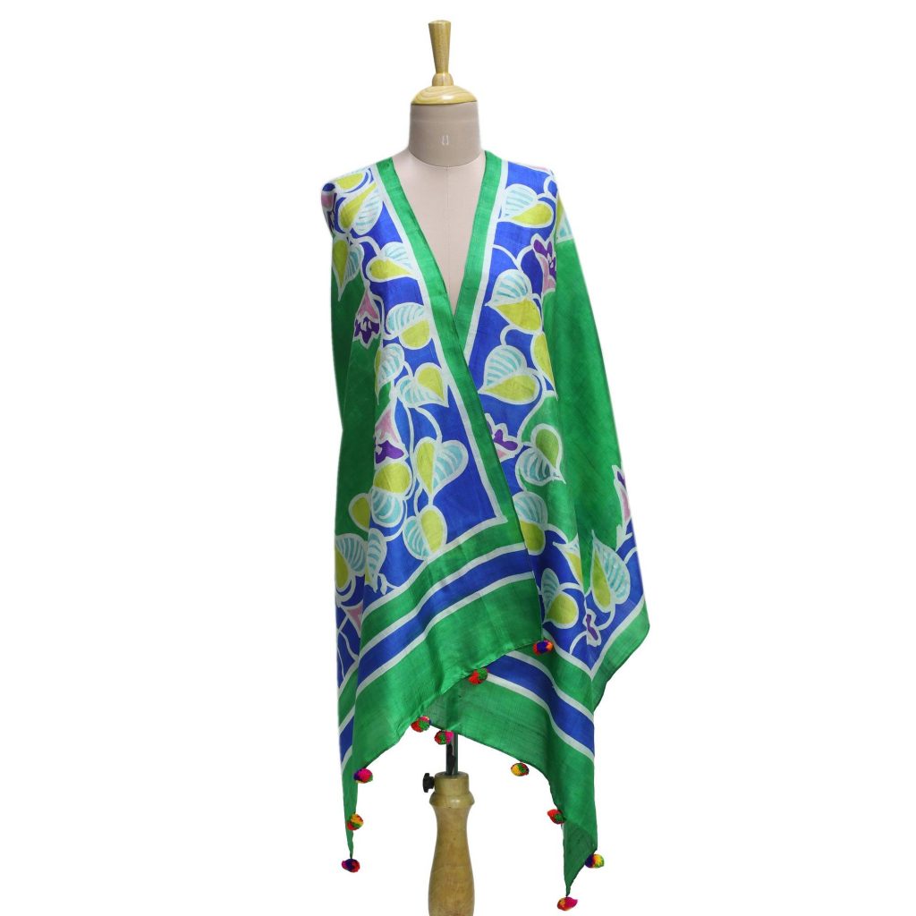 A Heart For Nature be my valentine Silk Shawl in Emerald with Hand-Painted Leaf Motifs