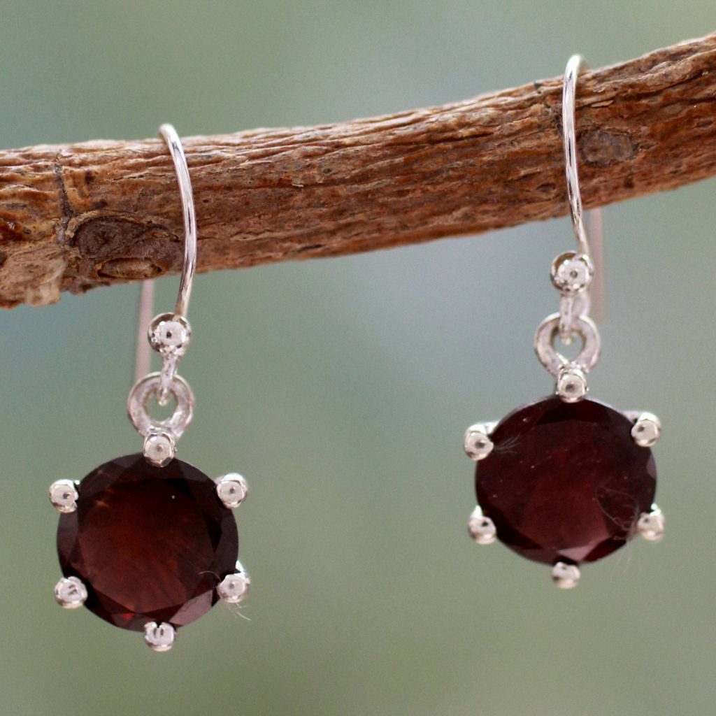 Scarlet Solitaire Earrings Handcrafted Garnet and Sterling Silver Dangle Glimmering Garnet: January's Birthstone