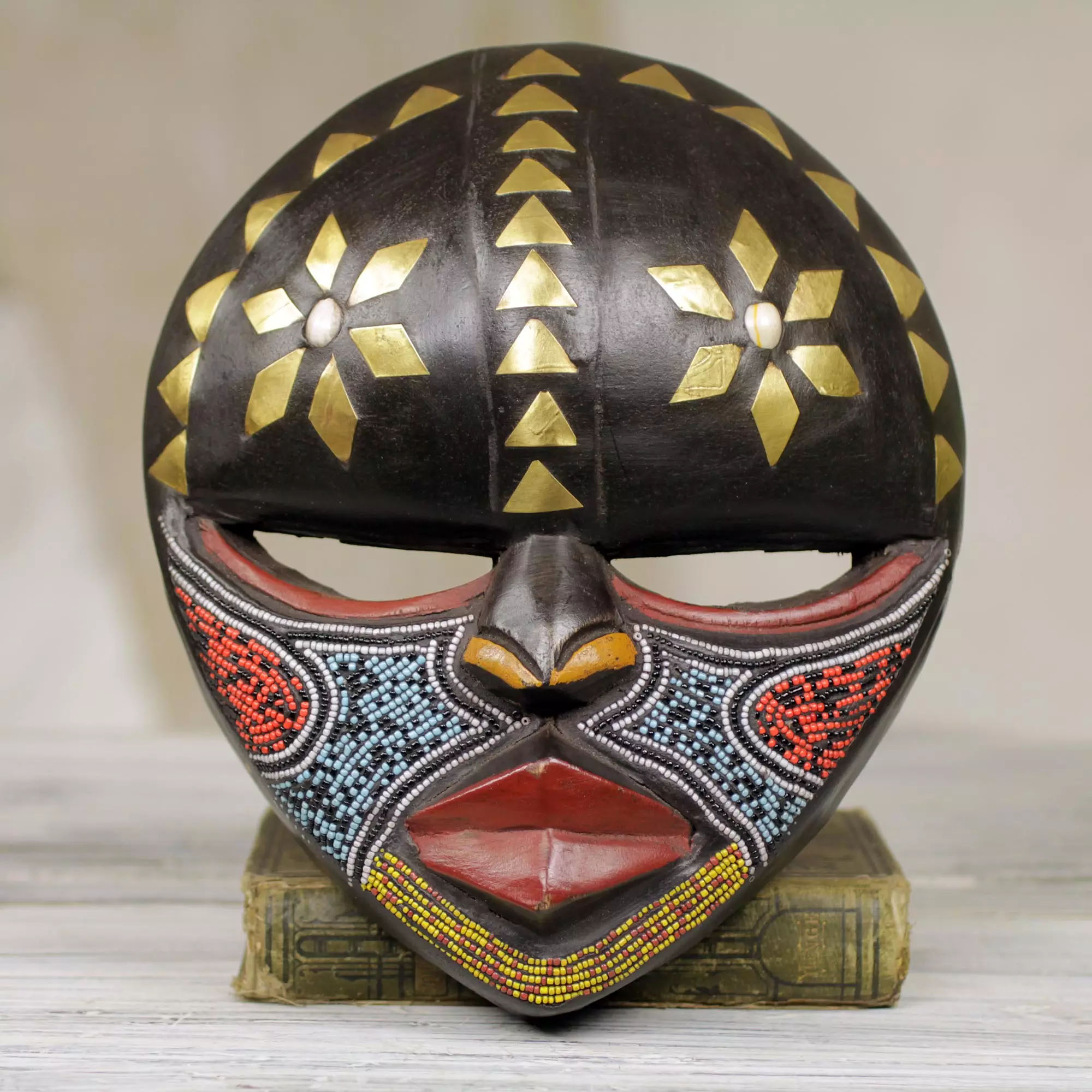 Barowa Mask Hand Crafted African Wood Mask Wall Art multi-colored recycled glass beads Decorating with Masks brass plated