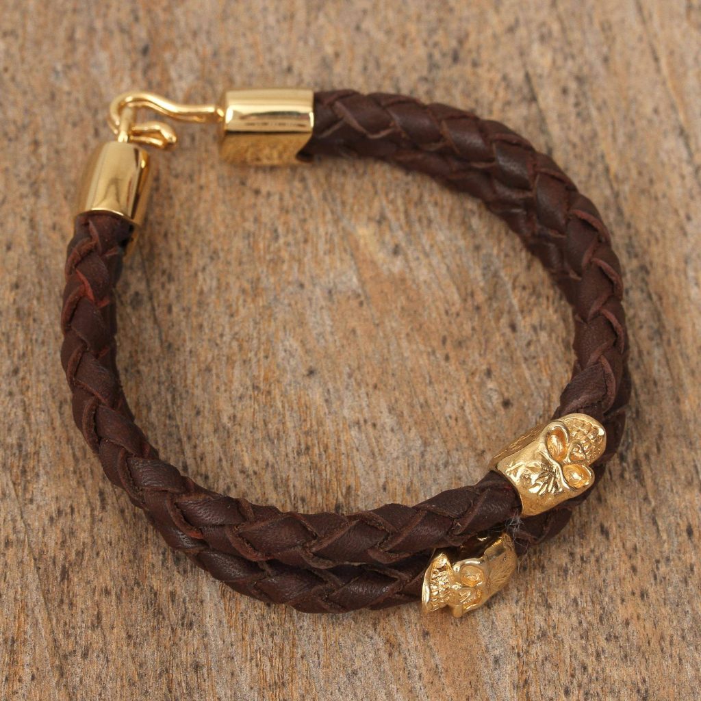 Death and Life Mexican Double Strand Braided Leather Bracelet in Brown 18k gold-plated brass skull be my valentine