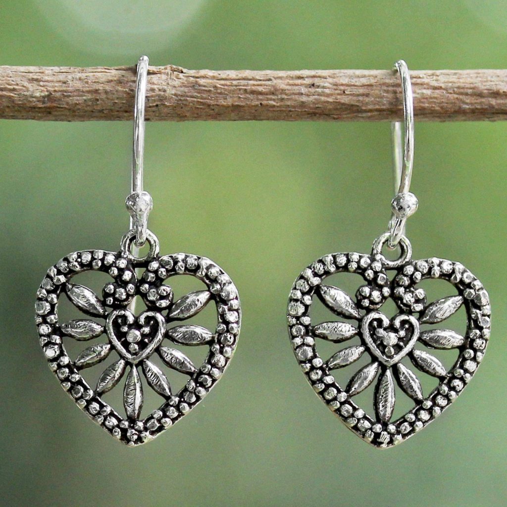  Heart Blooms Heart Shaped Sterling Silver Dangle Earrings from Thailand be my valentine