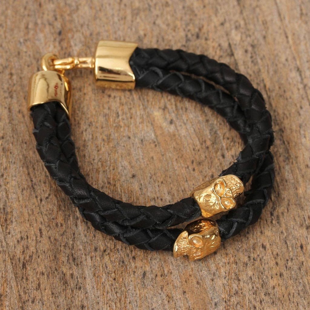  Life and Death Life and Death Black Double Strand Braided Leather Bracelet from Mexico 18k gold-plated skull be my valentine