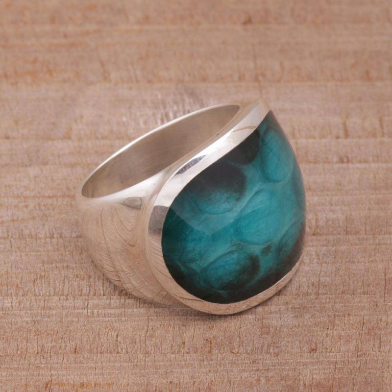 Teal Cyclops Unique Sterling Silver and Resin Unisex Ring, silver rings, unisex rings Breathtaking Sterling Silver Jewelry