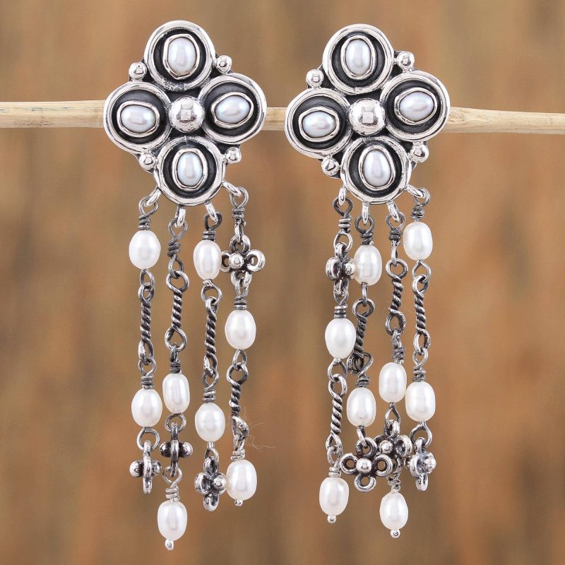 Cultured Pearl and Sterling Silver Waterfall Earrings, oxidized finish silver pearls, pearl earrings