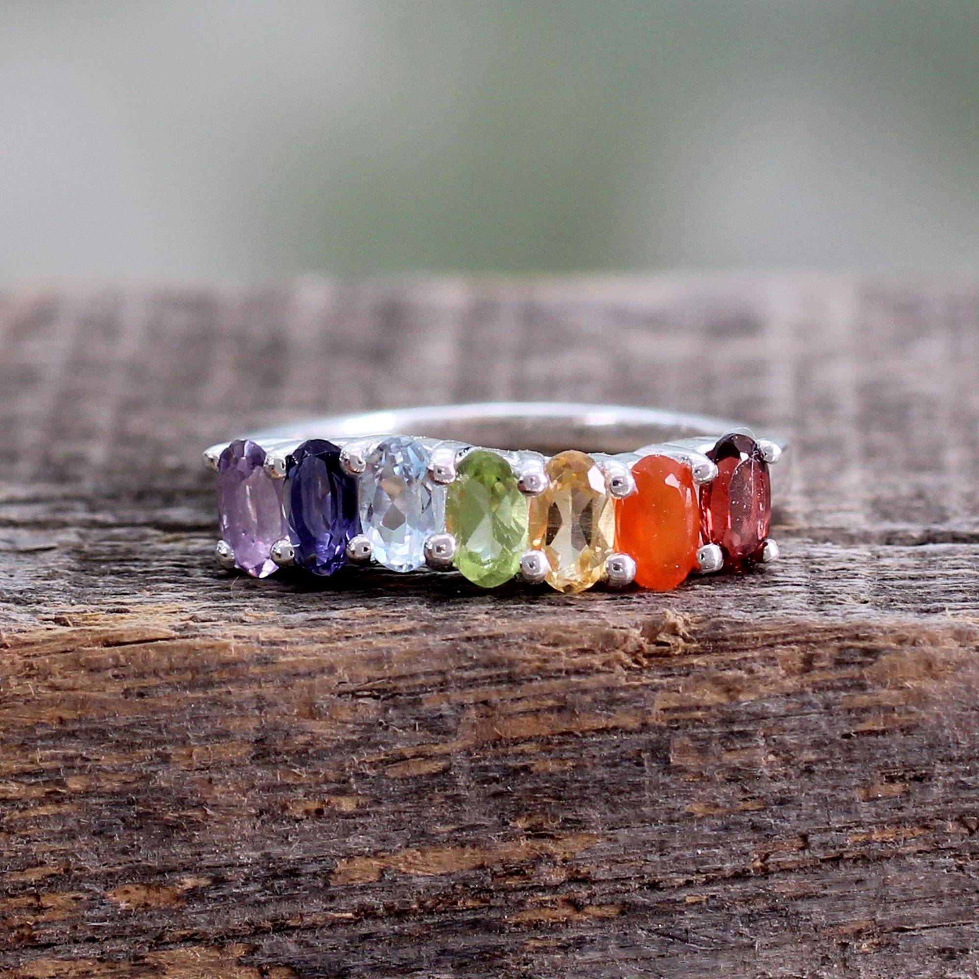 Multi-gemstone chakra ring, 'Positivity' sterling silver garnet amethyst peridot topaz Glimmering Garnet: january's Birthstone