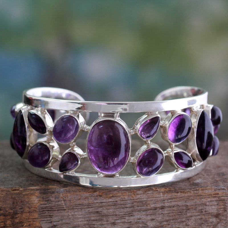 Amethyst Studded Sterling Silver Cuff Bracelet from India. bracelets special valentine's day gifts