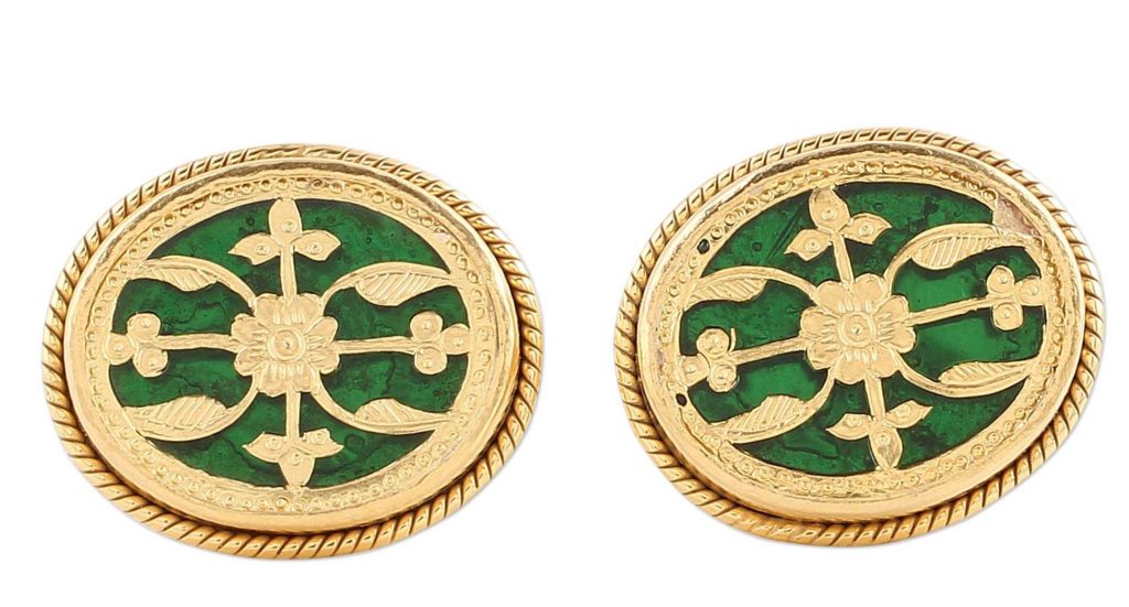 Wonderful Green Gold Plated Green Glass Floral Cufflinks from India Saint Patrick's Day