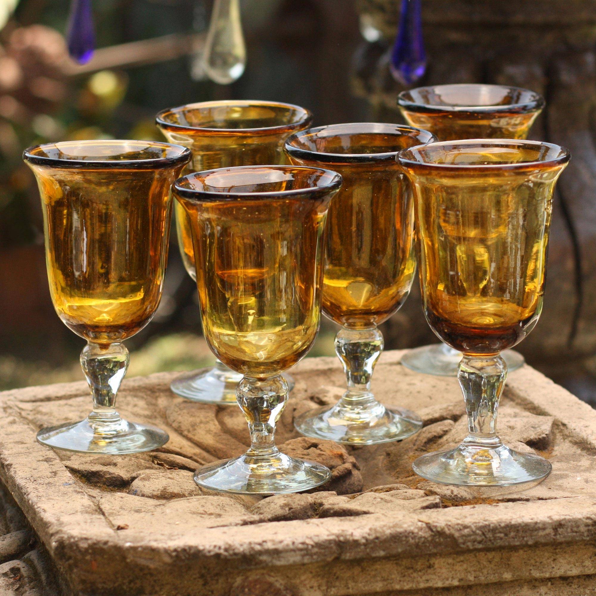 Golden Amber Hand Blown Goblets Glasses Set of 6 Mexico essential glassware for your home bar