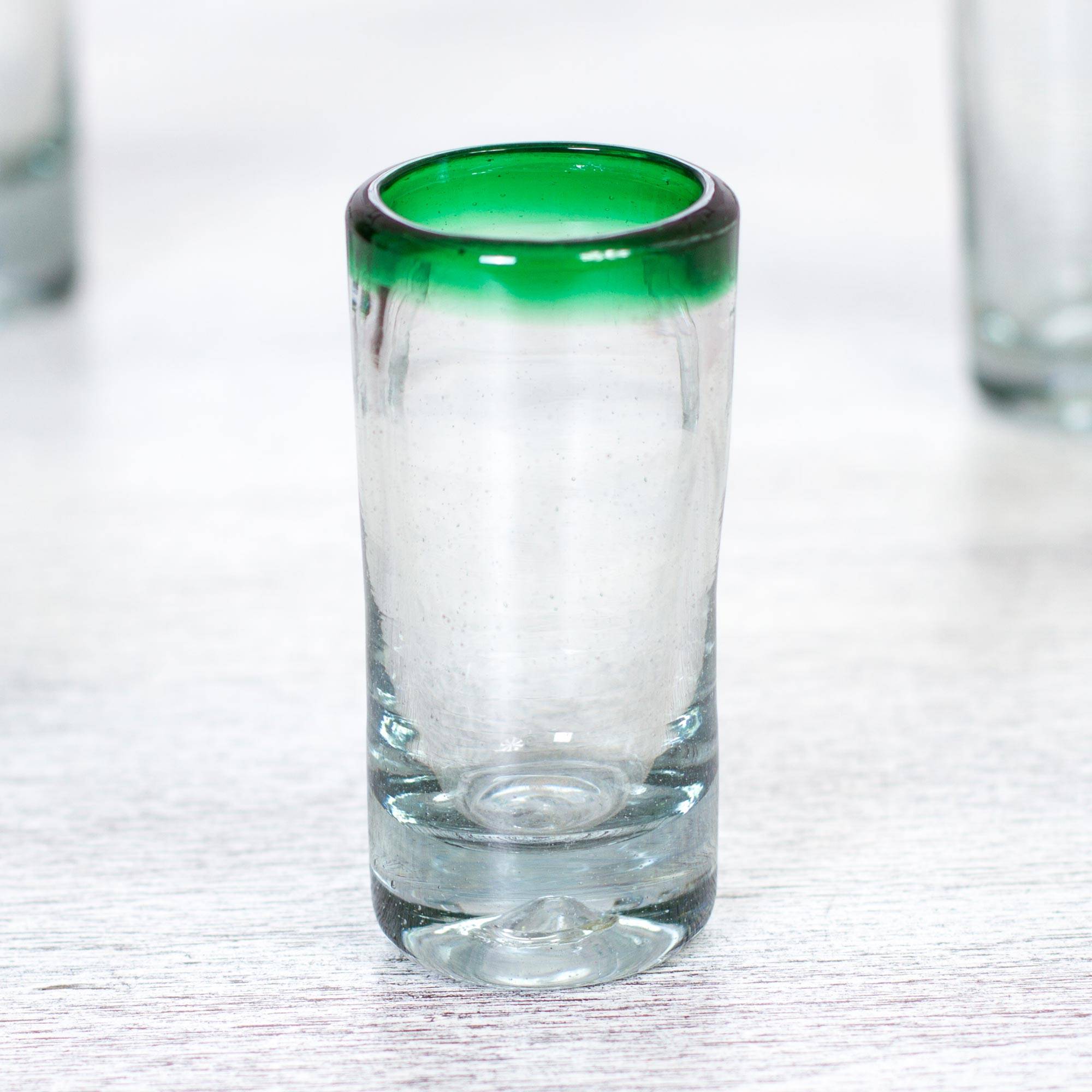 Hand Blown Shot Glasses Set of 6 Clear with Green Rim Mexico essential glassware for your home bar