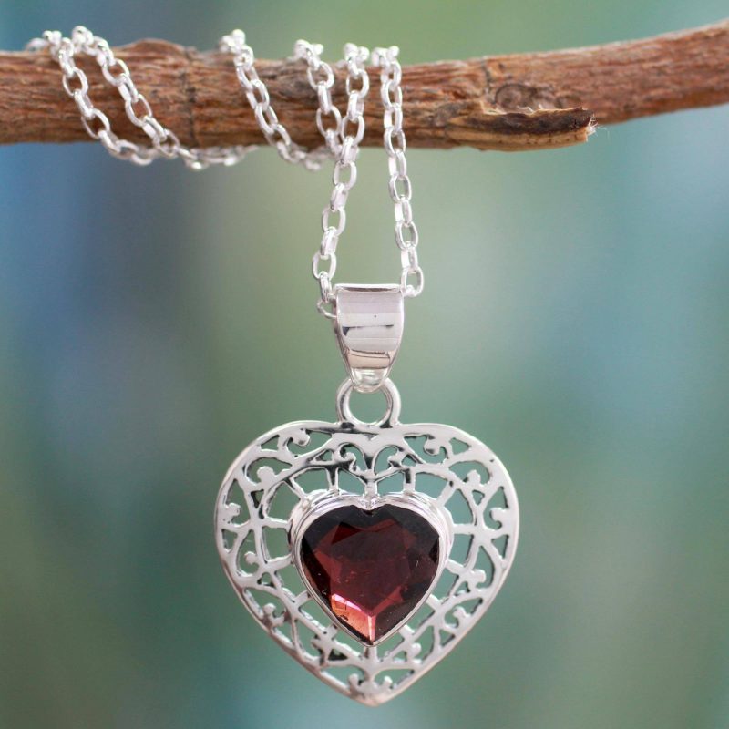 Mughal Romance Garnet and sterling Silver Heart Pendant Necklace Special Valentine's Day Gifts