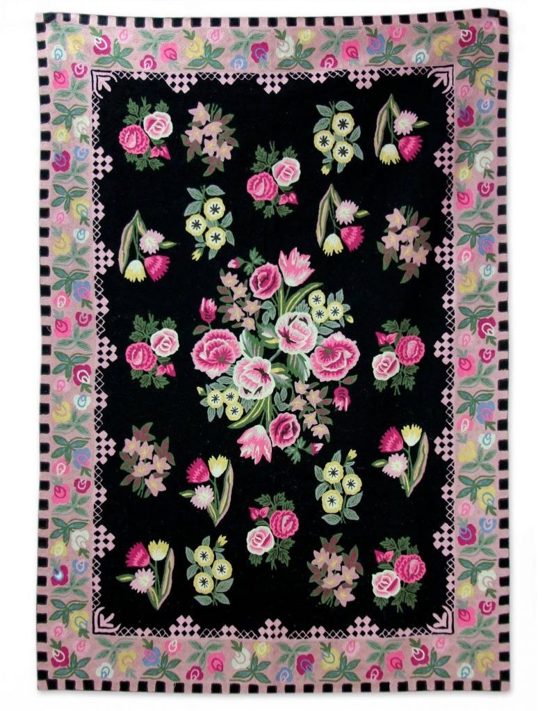 Roses of Kashmir Pink Rose Motif on Black Chain Stitch 4.5 x 7 Kashmiri Rug