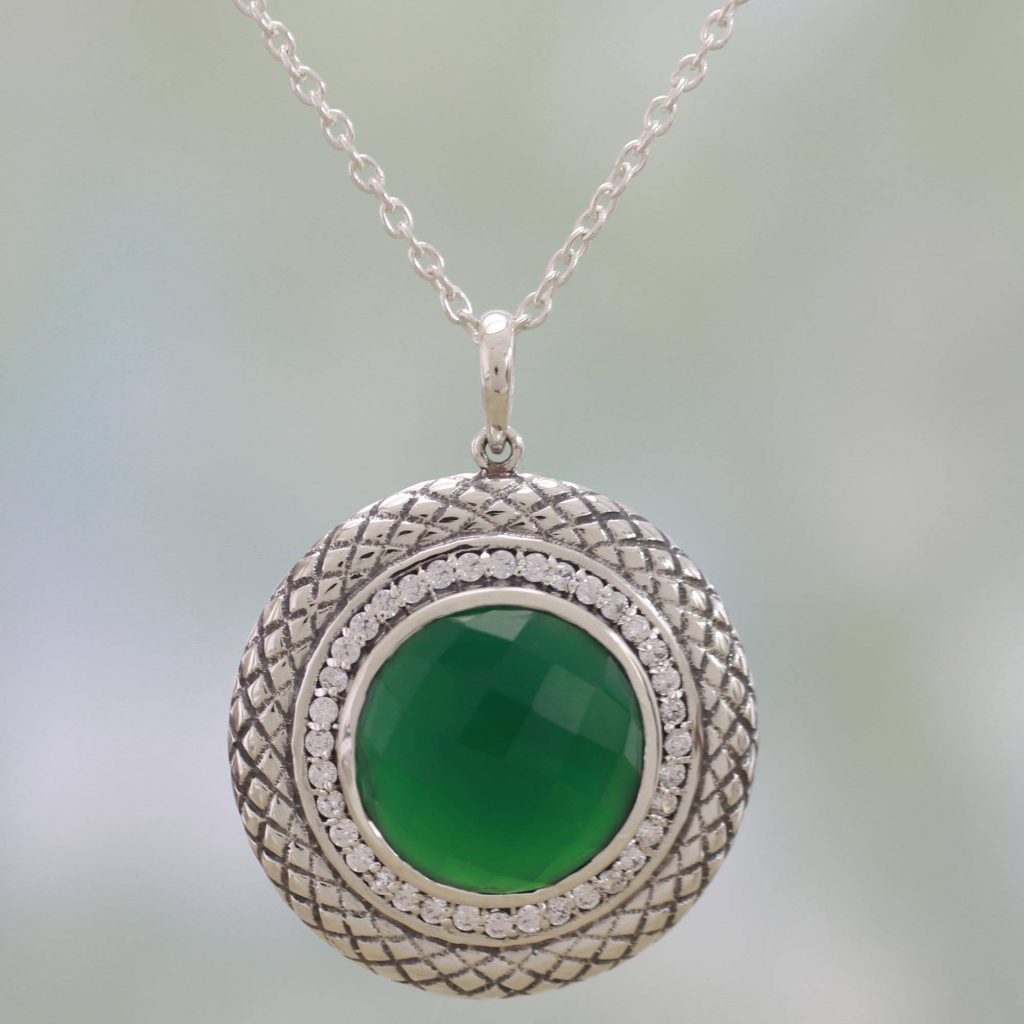 Visions of Green Sterling Silver and Green Onyx Pendant Necklace from India Saint Patrick's Day