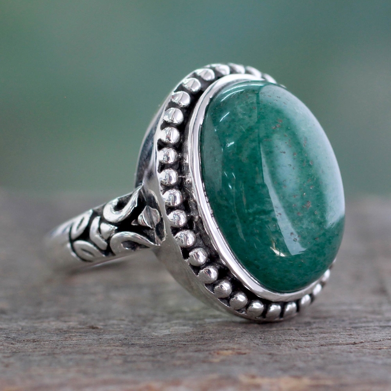 Women's Green Jade and Silver Cocktail Ring from India