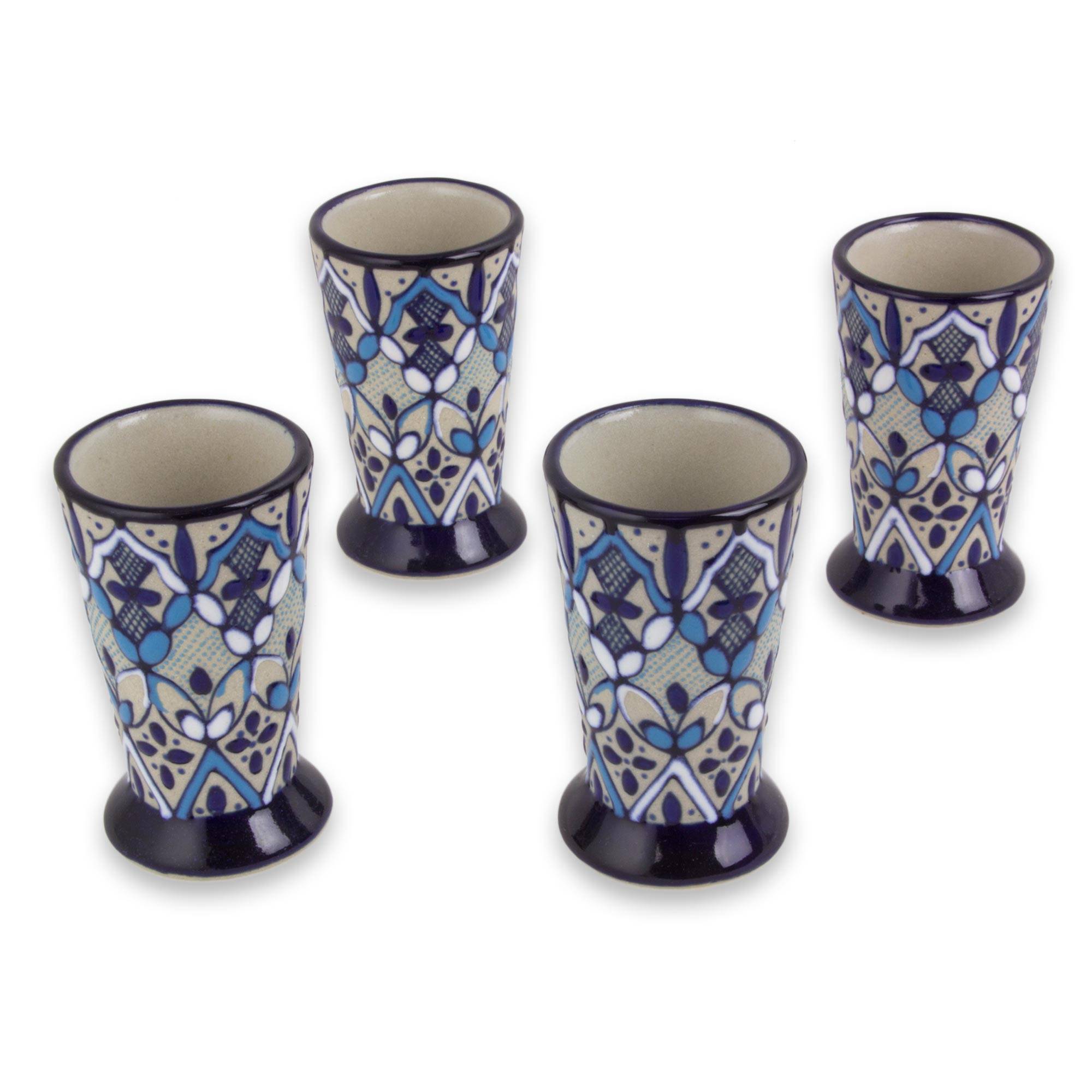 Blue Bajio Set of 4 Artisan Crafted Ceramic Tequila Shot Glasses small gift