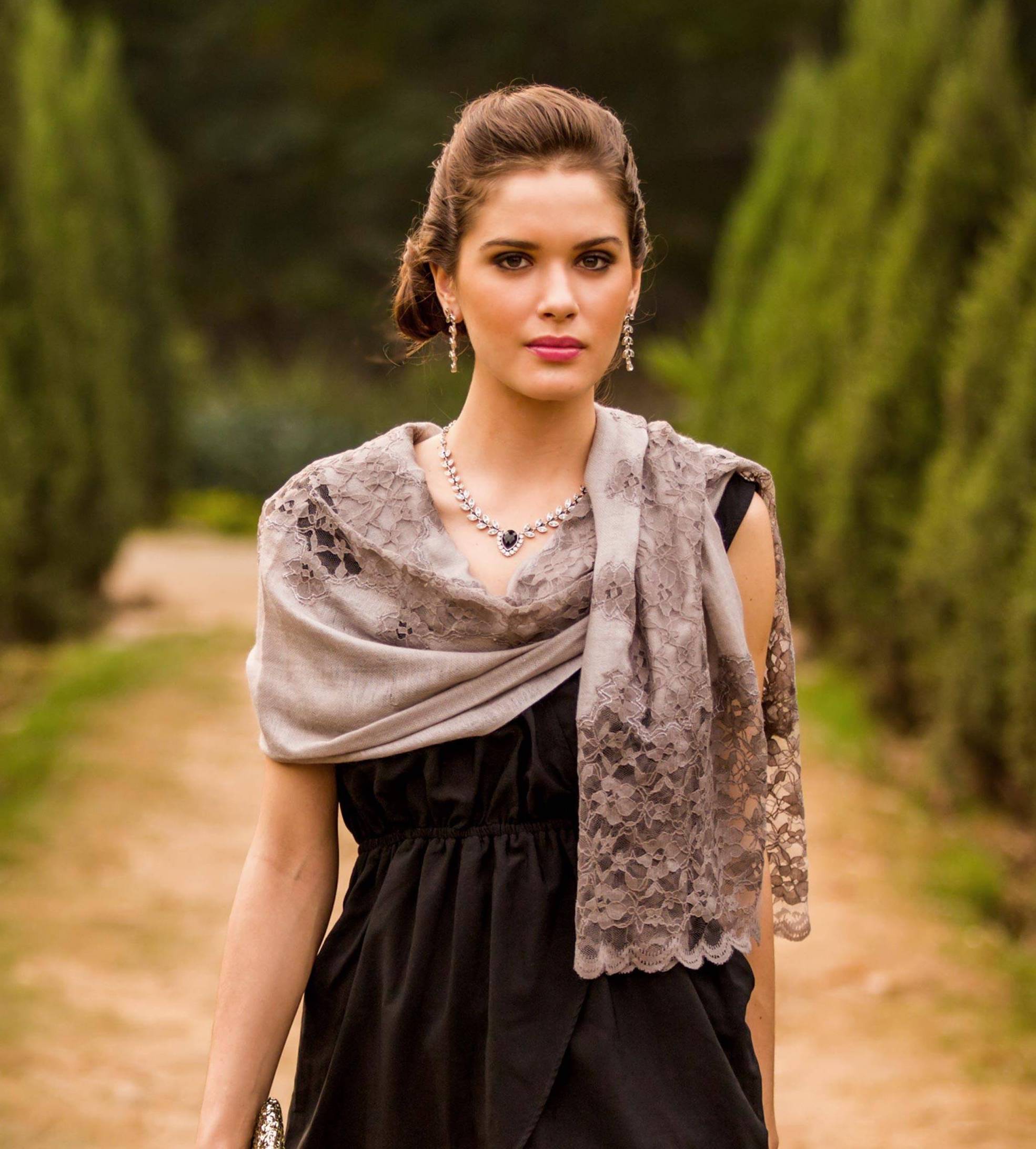 Infinite Kashmir Taupe Grey Wool Blend Shawl Trimmed with Floral Lace small gift