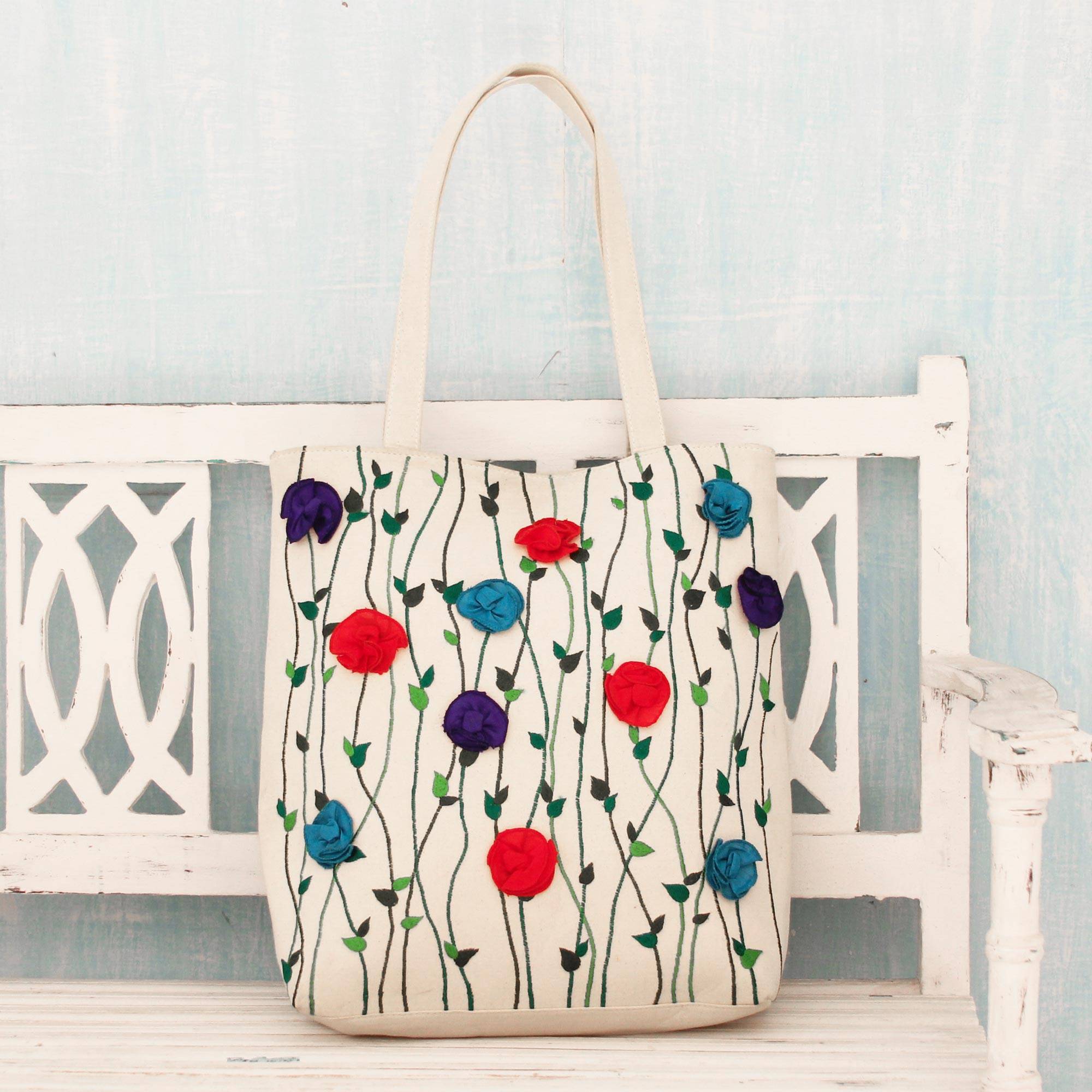 Garden Glamour Embroidered Floral Cotton Tote Handbag from India spring accessories