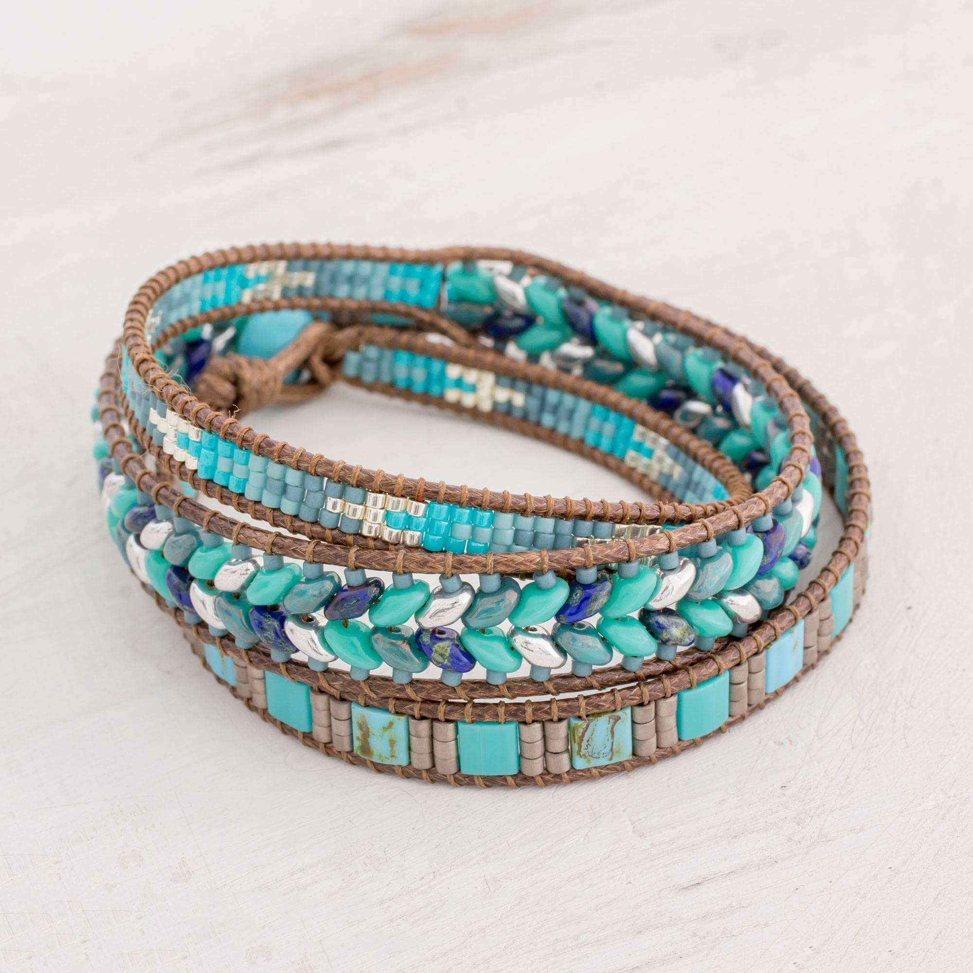 'Lines of Hope' Handmade Glass Beaded Wrap Bracelet in Blue from Guatemala spring accessories