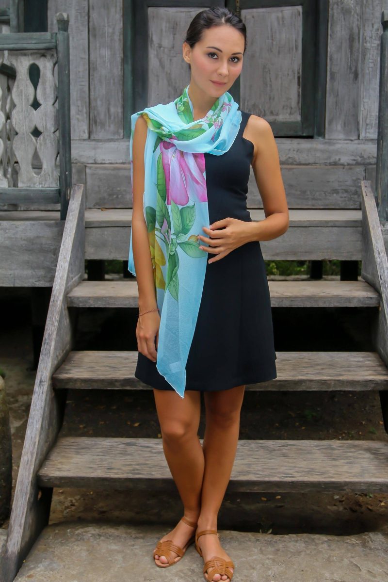 Breezy Bougainvillea Hand Painted Sky Blue Silk Shawl with Bougainvillea Flowers spring accessories