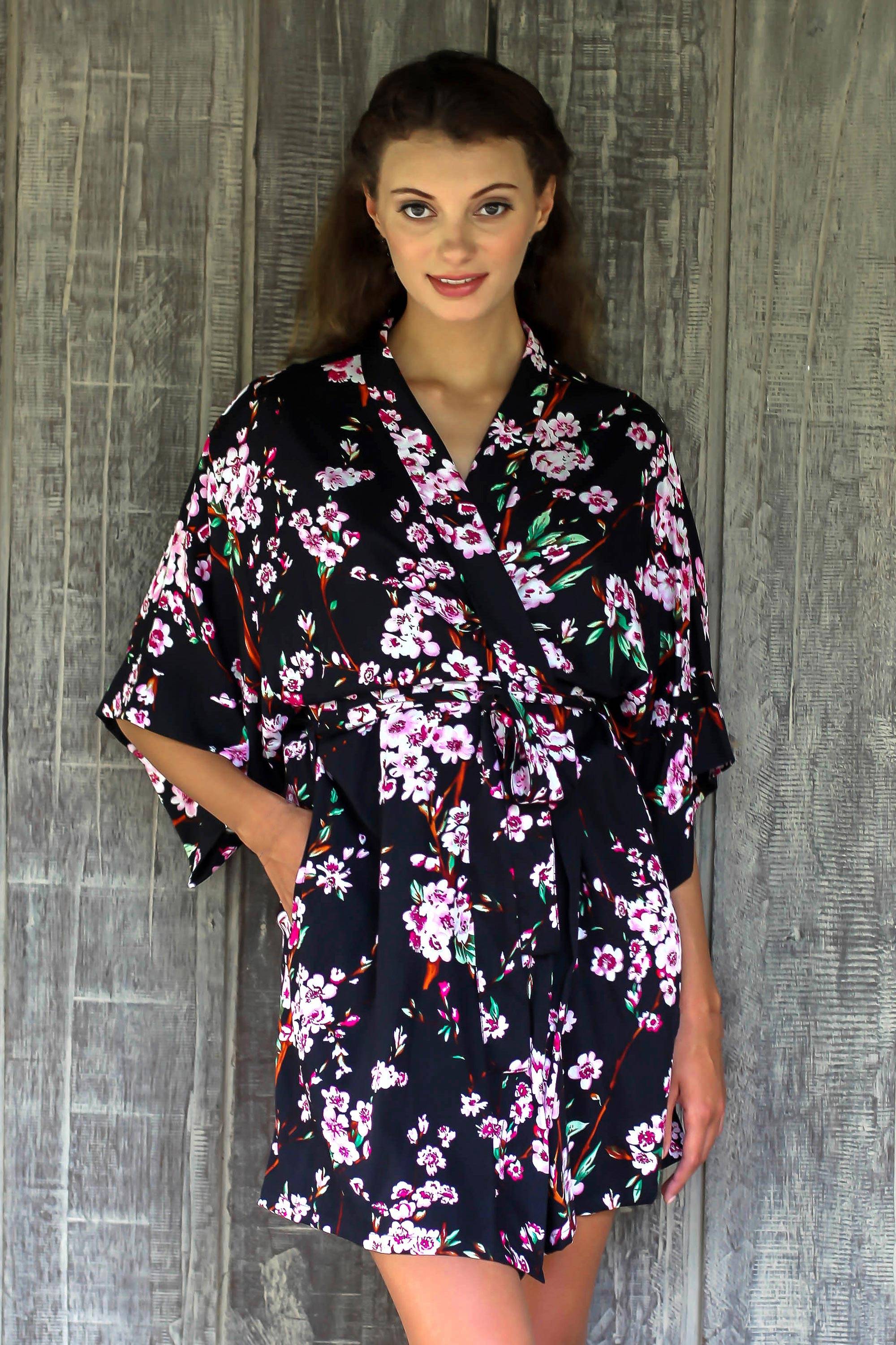 Spring Cherry Blossom Floral Rayon Robe in Black and Fuchsia from Indonesia Spring Accessories