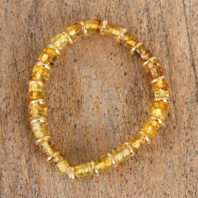 bracelet, amber, golden, Double Glow Handcrafted Amber and Gold-Plated Bead Stretch Bracelet, double glow, handcrafted golden amber beaded stretch bracelet, gold-plated, stretch bracelet 