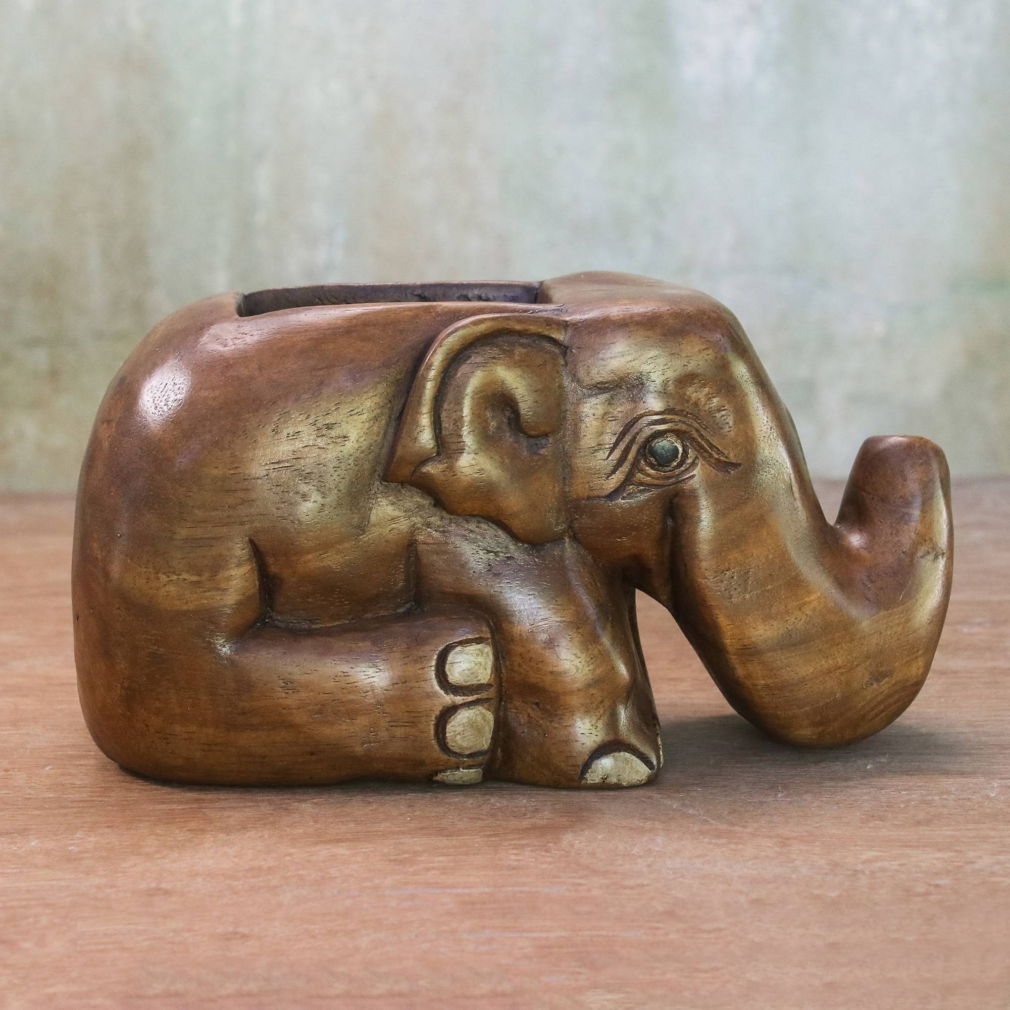 Elephant Sits Down Hand Carved Raintree Wood Elephant Card Holder Thailand Father's Day Gifting