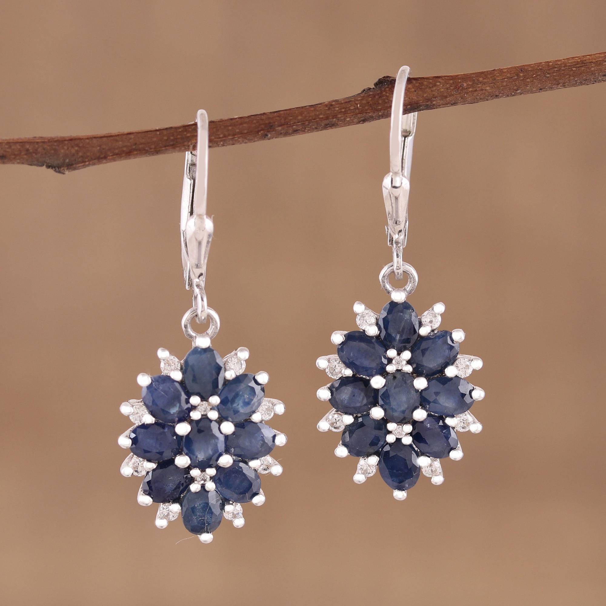 Majesty Blooms Sapphire and Rhodium Plated Sterling Silver Dangle Earrings What are birthstones