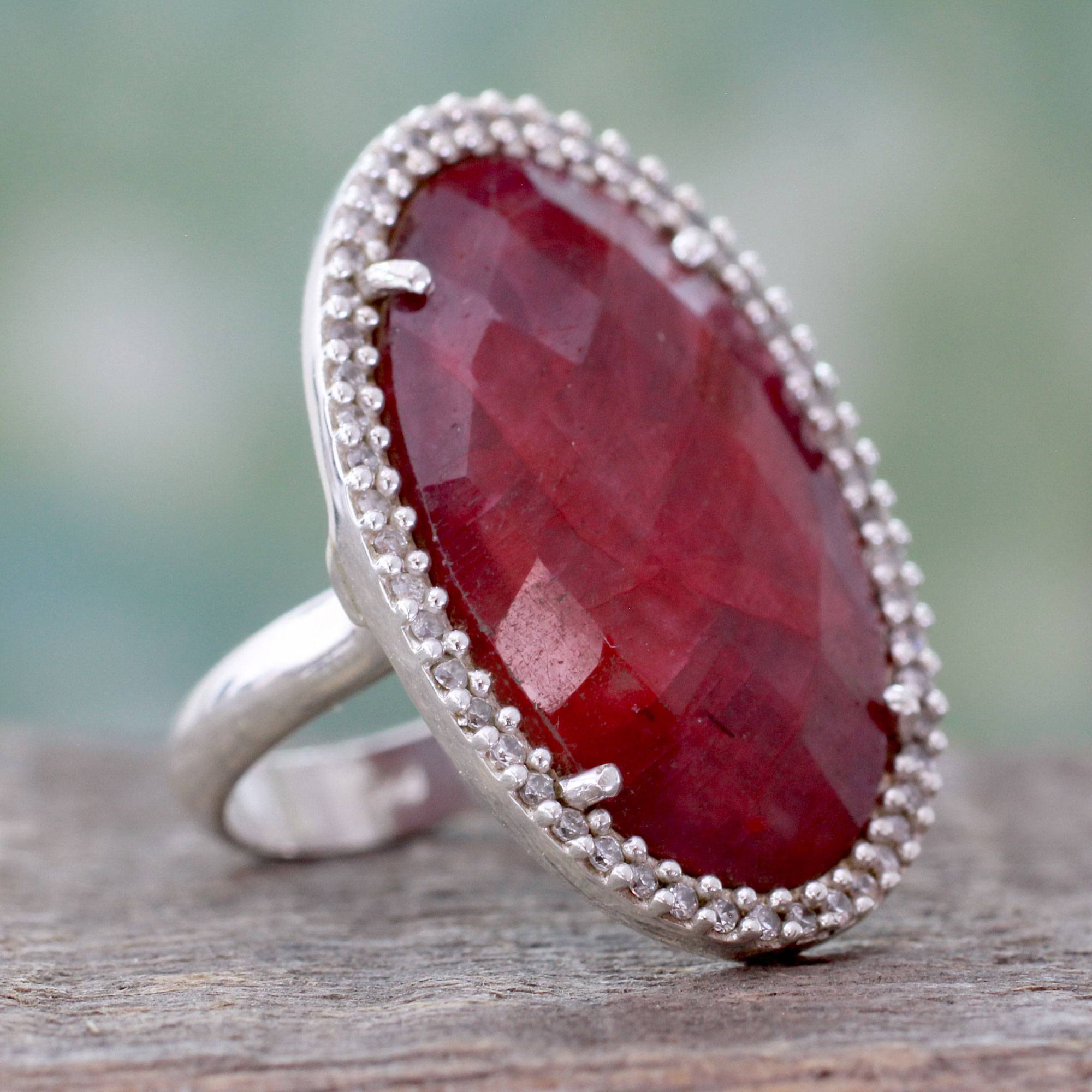 Ravishing Ruby Handmade Enhanced Ruby Cocktail Ring with CZ sterling silver what are birthstones