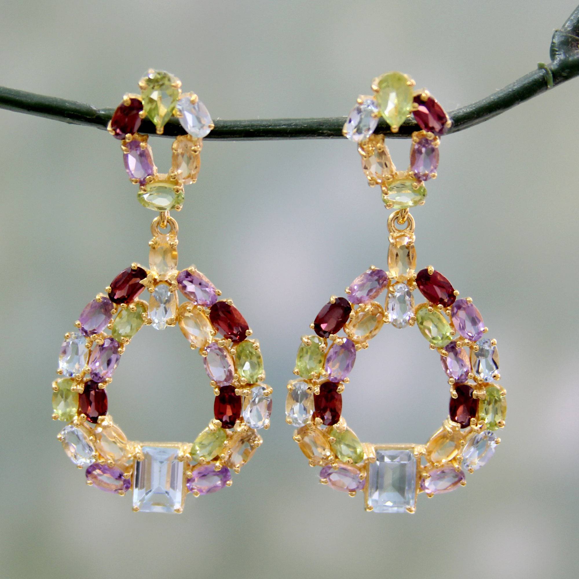Treasure of Jaipur Colorful Multi-Gemstone Earrings in 18k Gold Vermeil What are Birthstones Faceted blue topaz, amethyst, peridot, citrine and garnet