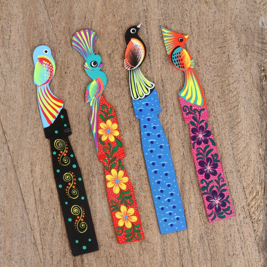 Vibrant Guardians Four Wood Birds of Paradise Bookmarks from Mexico Alebrije Sculpture