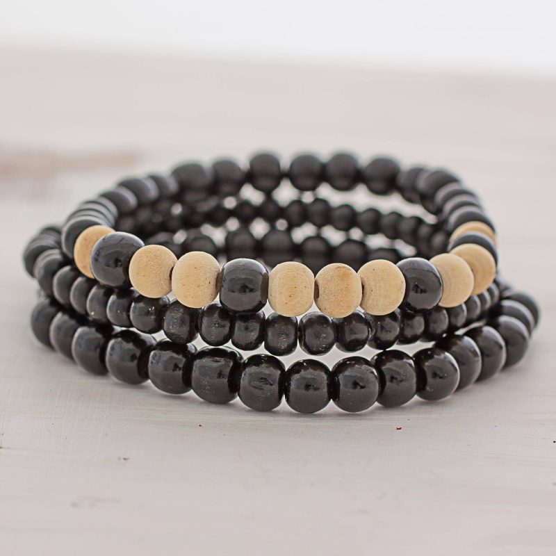 Beige and Black Wood Beaded Bracelets (Set of 3) Guatemala, beaded jewelry Father's Day Gifting