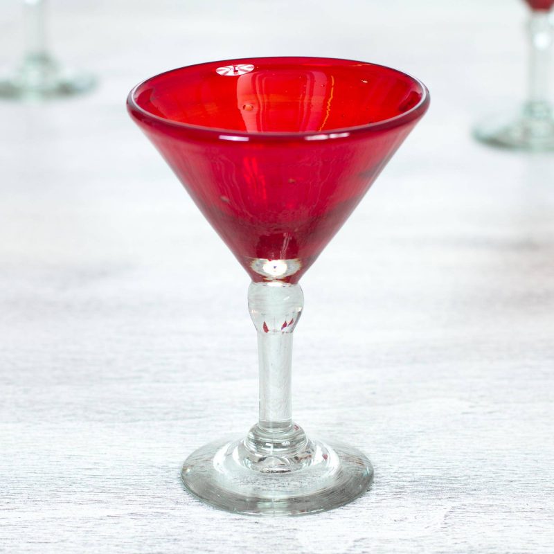 'Ruby Red' Red Hand Blown Martini Glasses Set of 6 Clear Stems Mexico 4th of July party