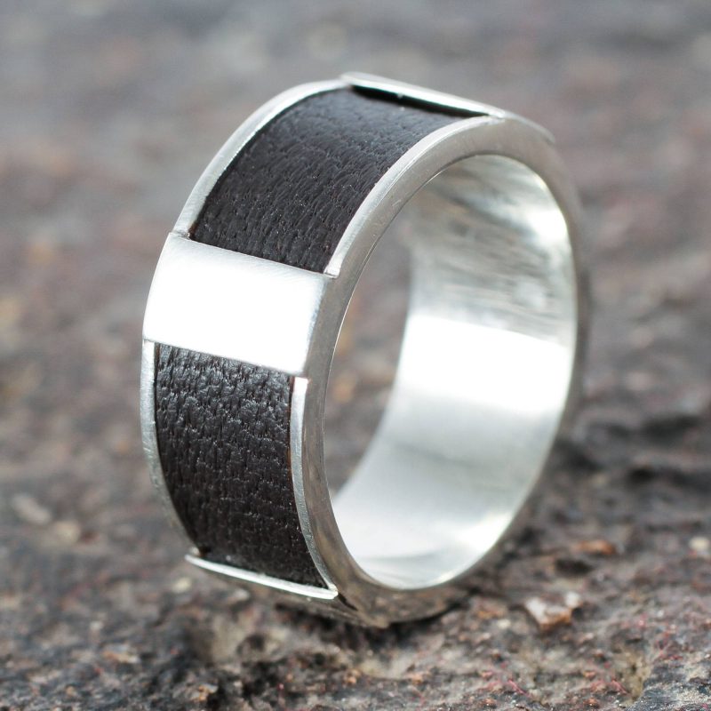 Artisan Crafted Leather Accent Sterling Silver Band Ring, silver jewelry for men Father's Day Gifting