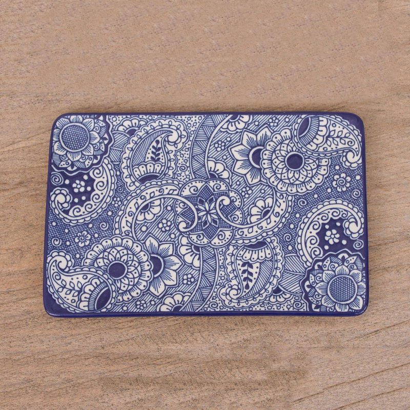 mexican tray, handmade tray 'Paisley Blue' Mexican Handcrafted Rectangular Blue Floral Ceramic Tray 4th of July