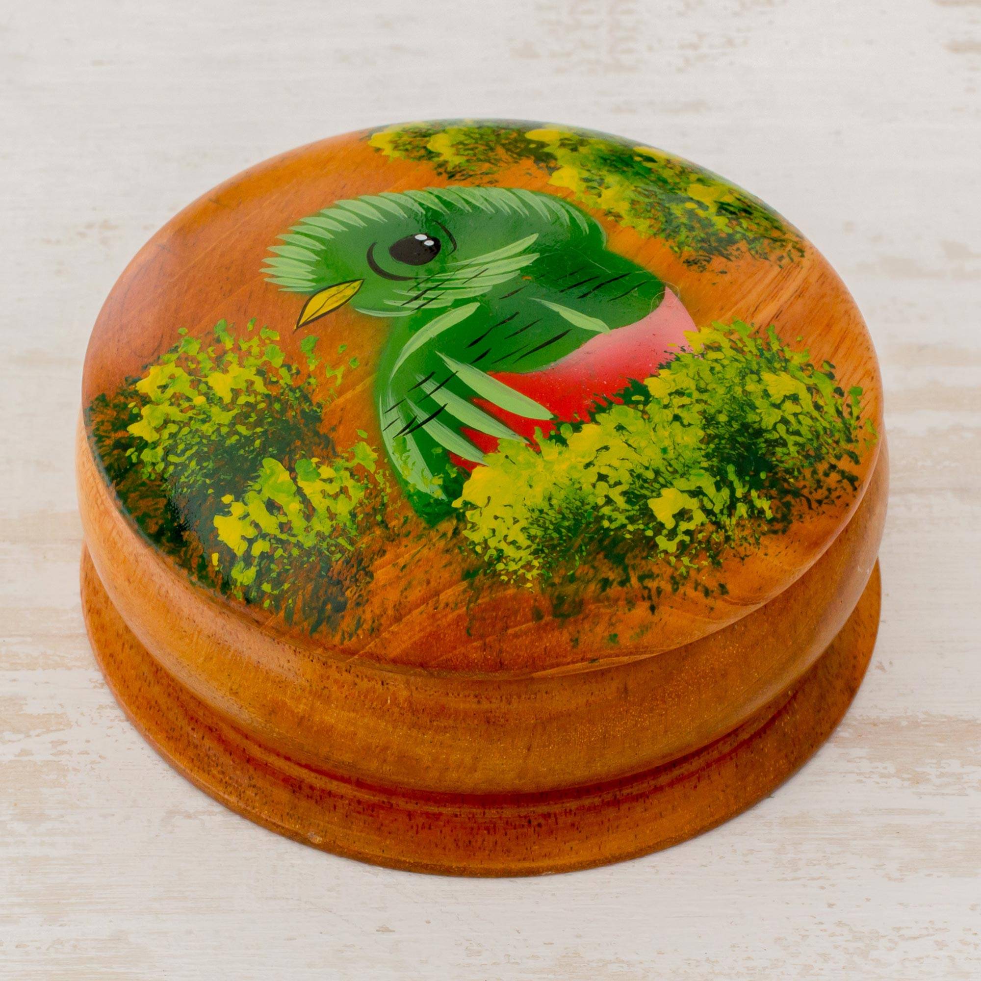 Curious Quetzal Round Cedar Decorative Box with Hand Painted Quetzal Inspiration For Their Woodcrafts