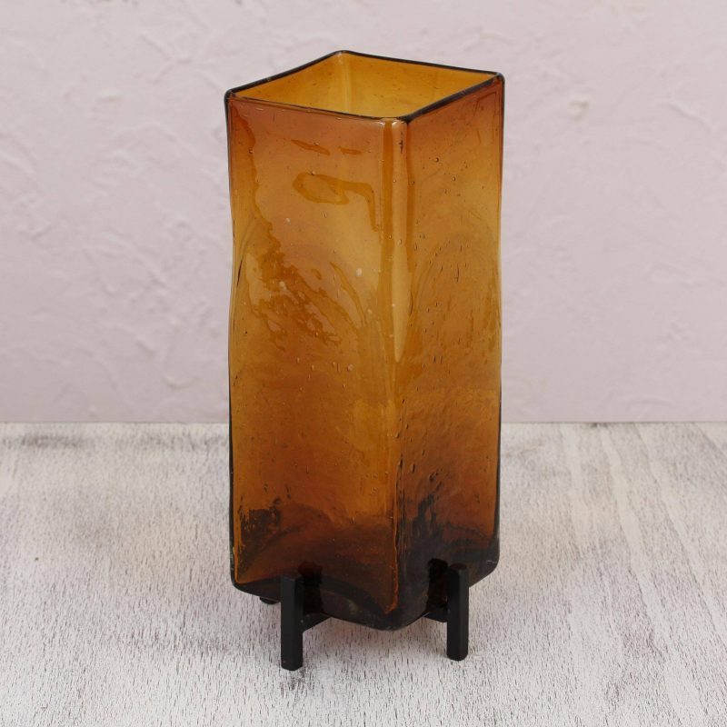 Amber Reflection Fair Trade Art Glass Hand Blown Vase with Iron Stand Mexico, glass vases, wedding gifts to impress