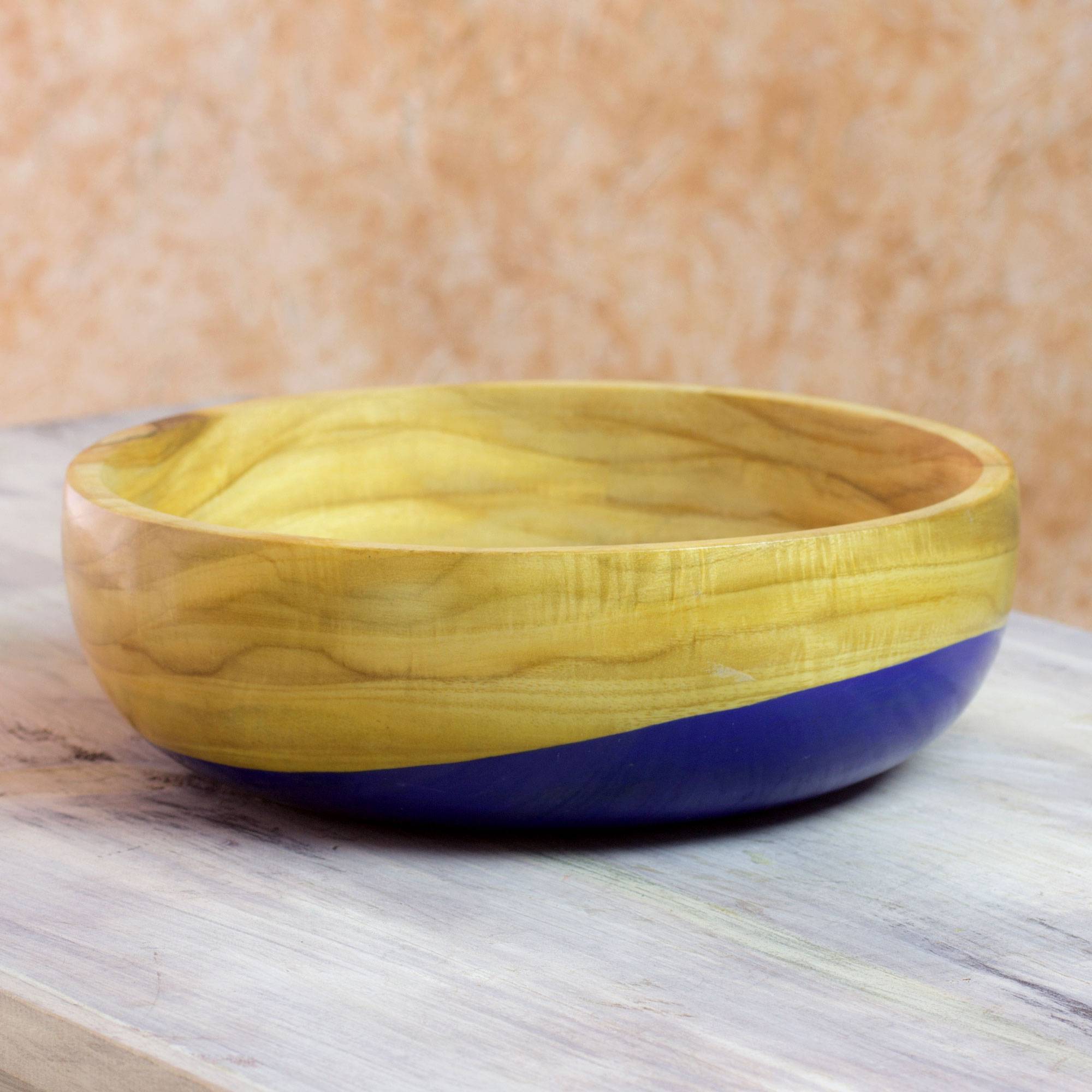 Spicy Blue Dip Painted Hand Carved Wood Bowl