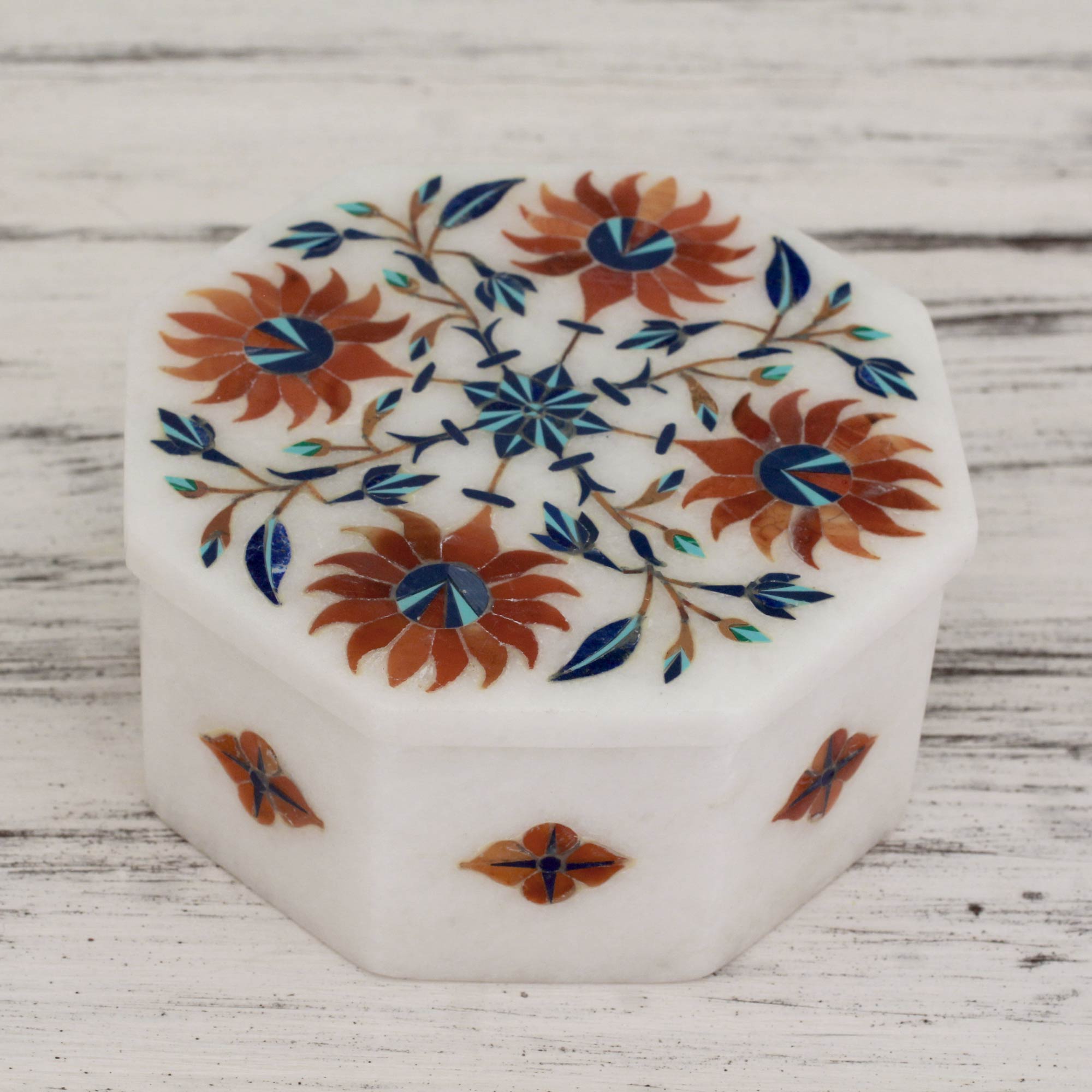 Sunflower Compass Floral Marble Jewelry Box from India Elegant home