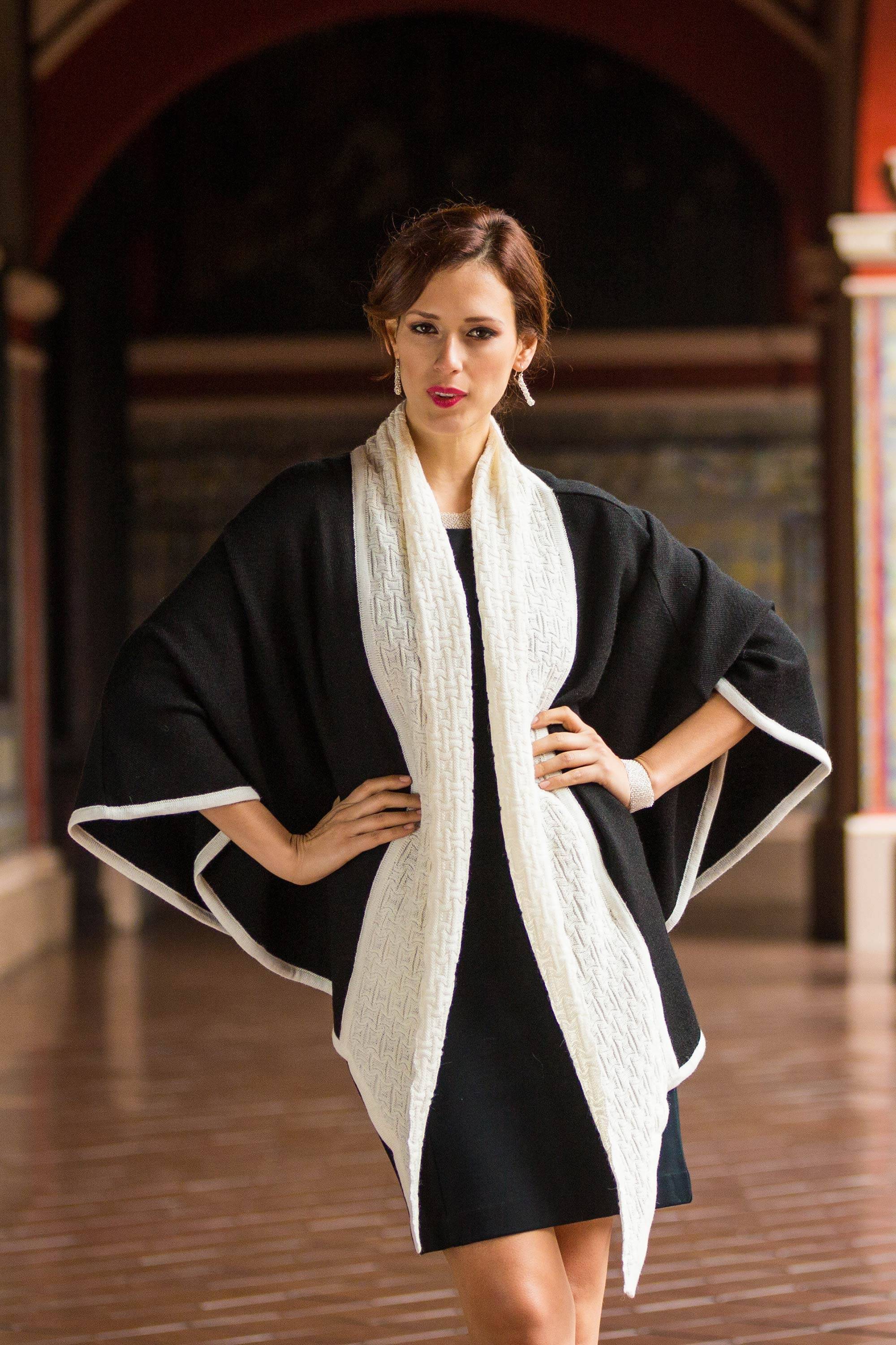 Barranco Eclipse Alpaca Wool Black and White Ruana Unusual and Individual Fashion