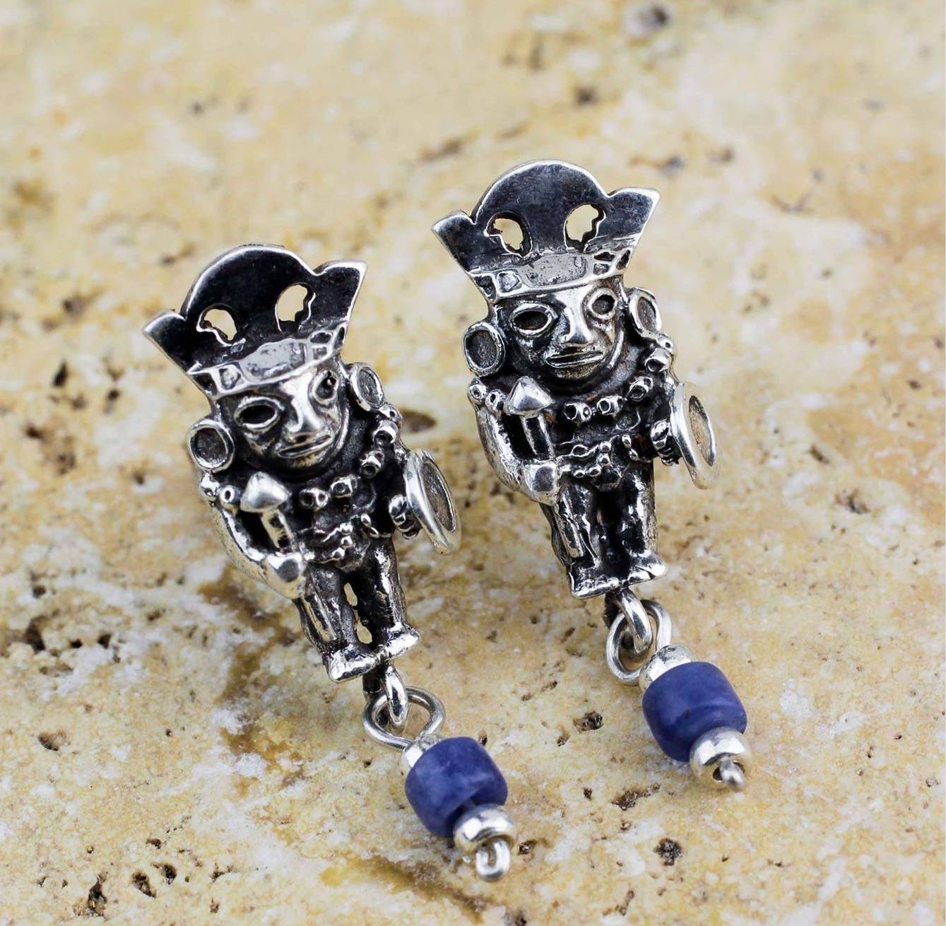 Brave Inca Warrior Artisan Crafted Sodalite and Sterling Silver Earrings